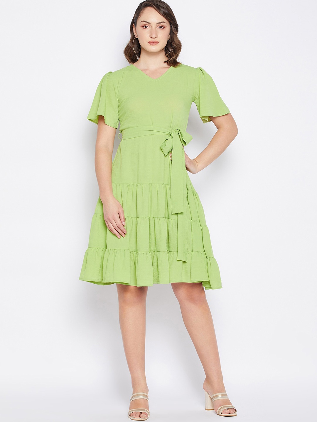 

Fashfun Tiered Detailed Flared Sleeves V-Neck Fit & Flare Dress, Green