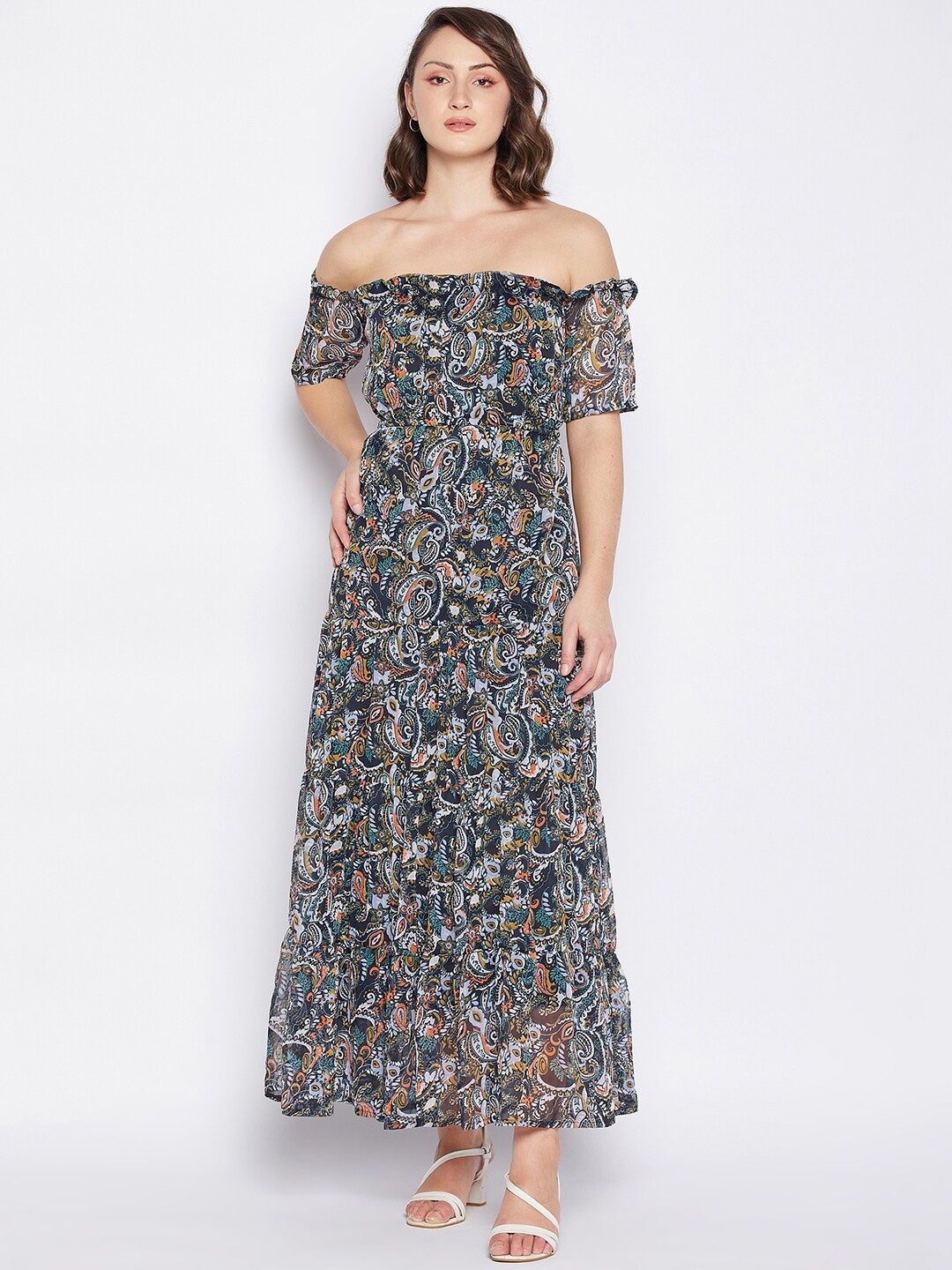 

Fashfun Floral Printed Off-Shoulder Fit & Flare Maxi Dress, Navy blue