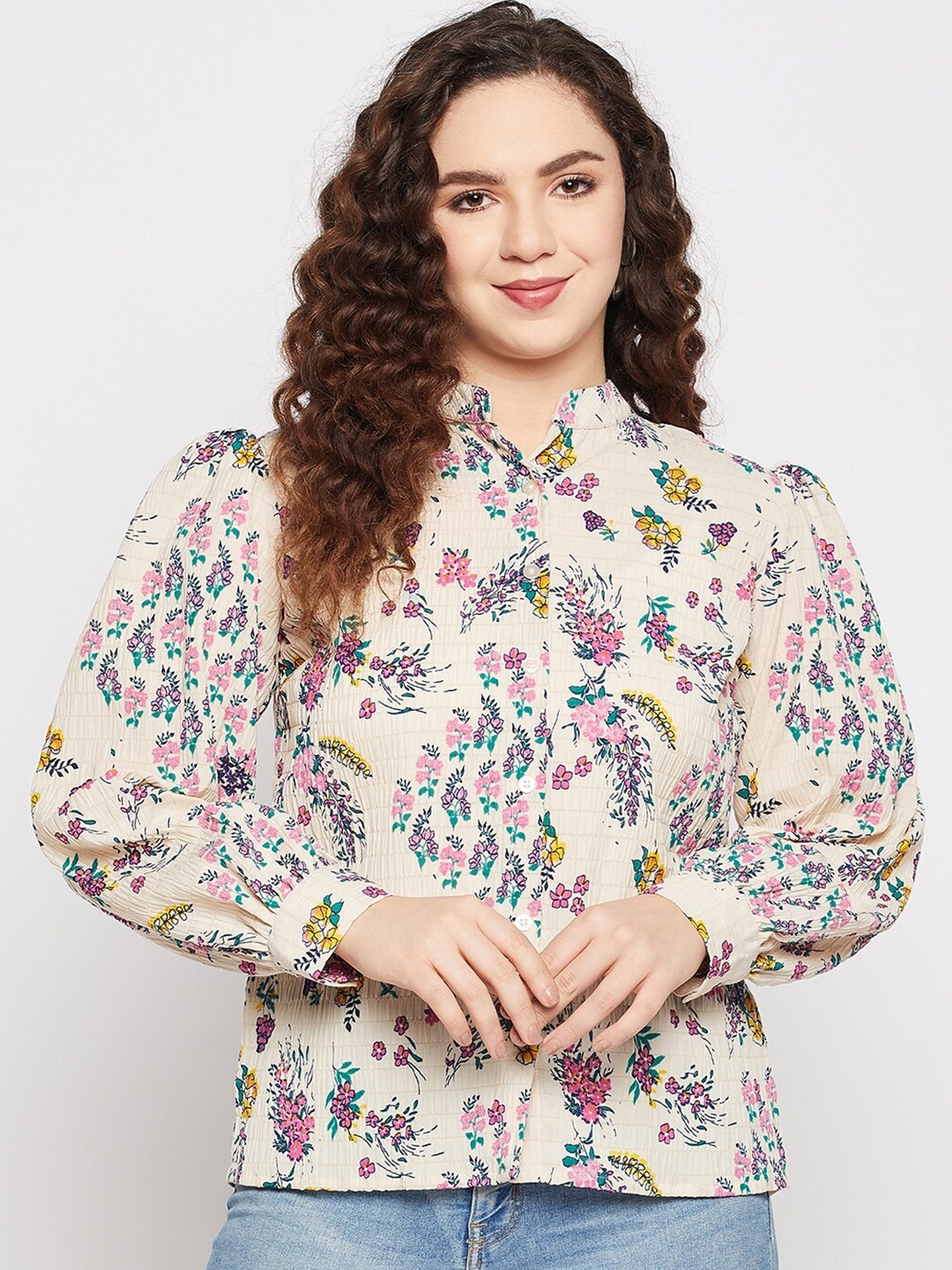 

Fashfun Floral Printed Mandarin Collar Shirt Style Top, Cream