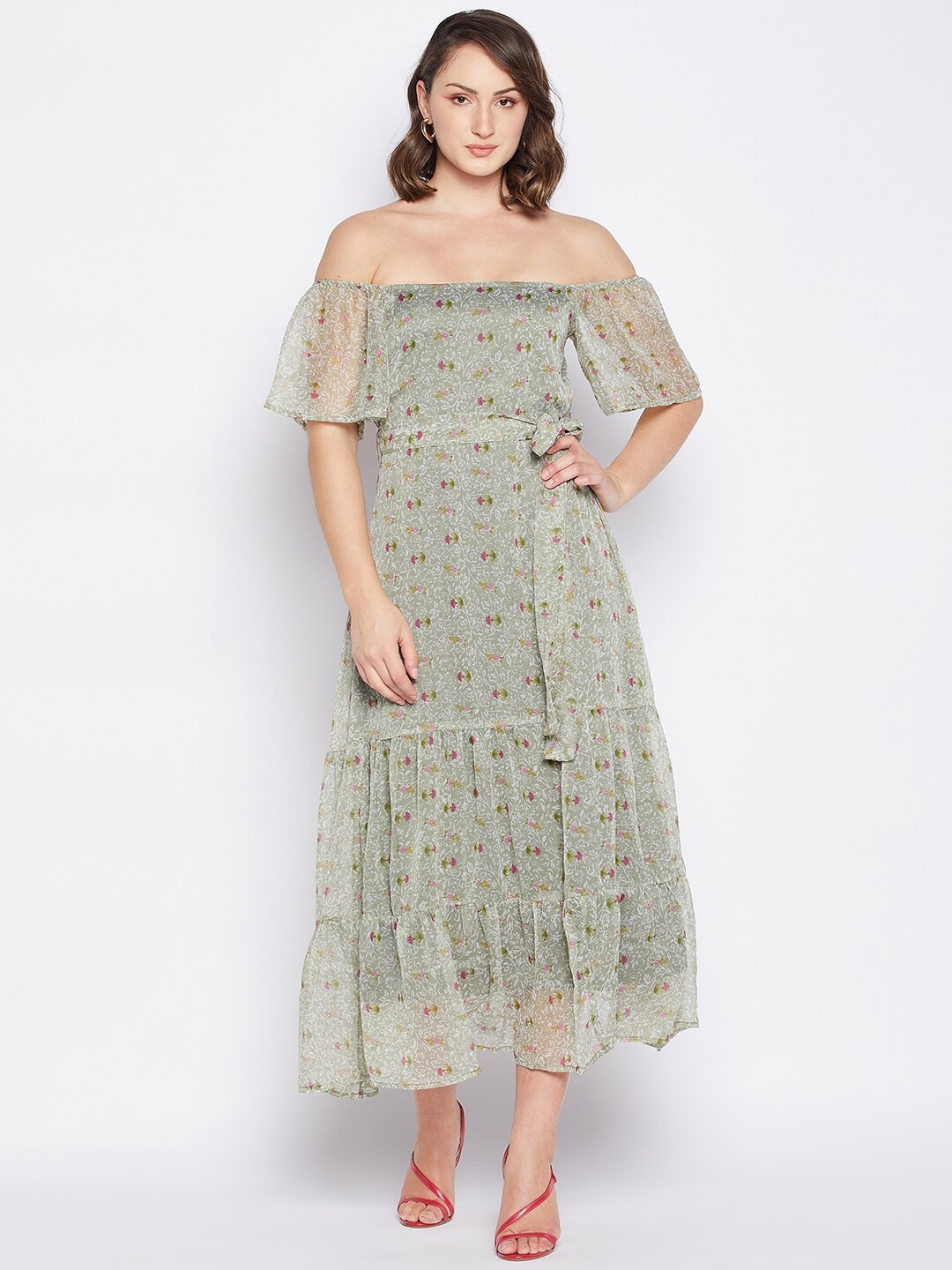 

Fashfun Floral Printed Off-Shoulder Tiered Fit & Flare Midi Dress, Green