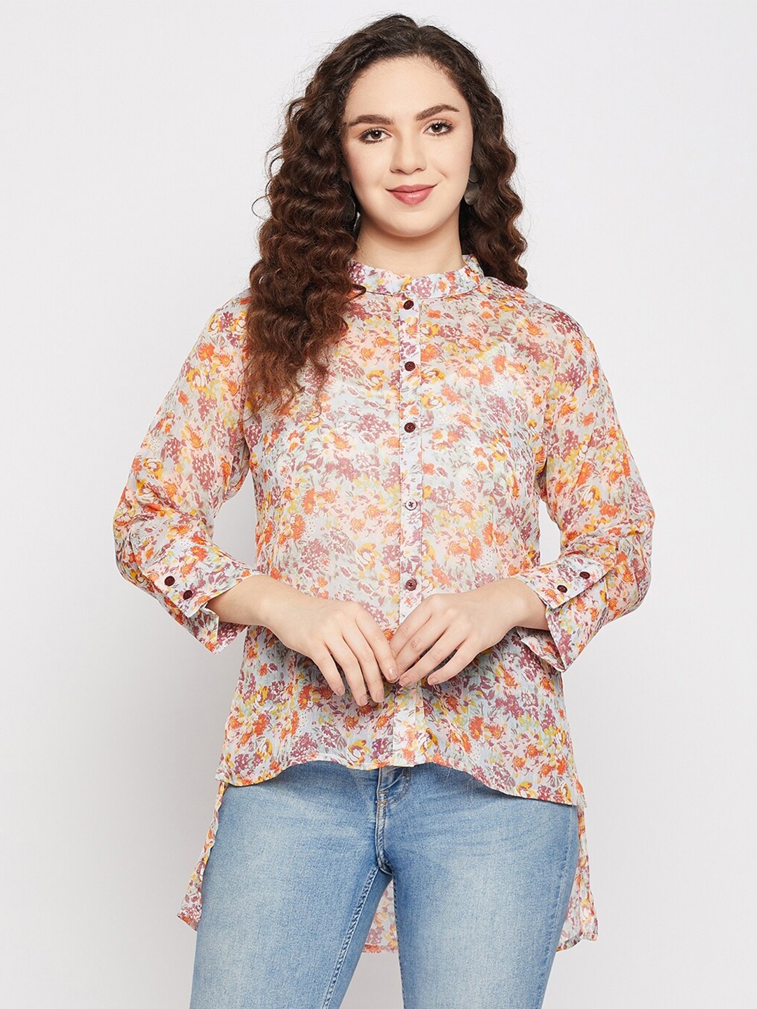 

Fashfun Floral Printed Mandarin Collar High-Low Top, White