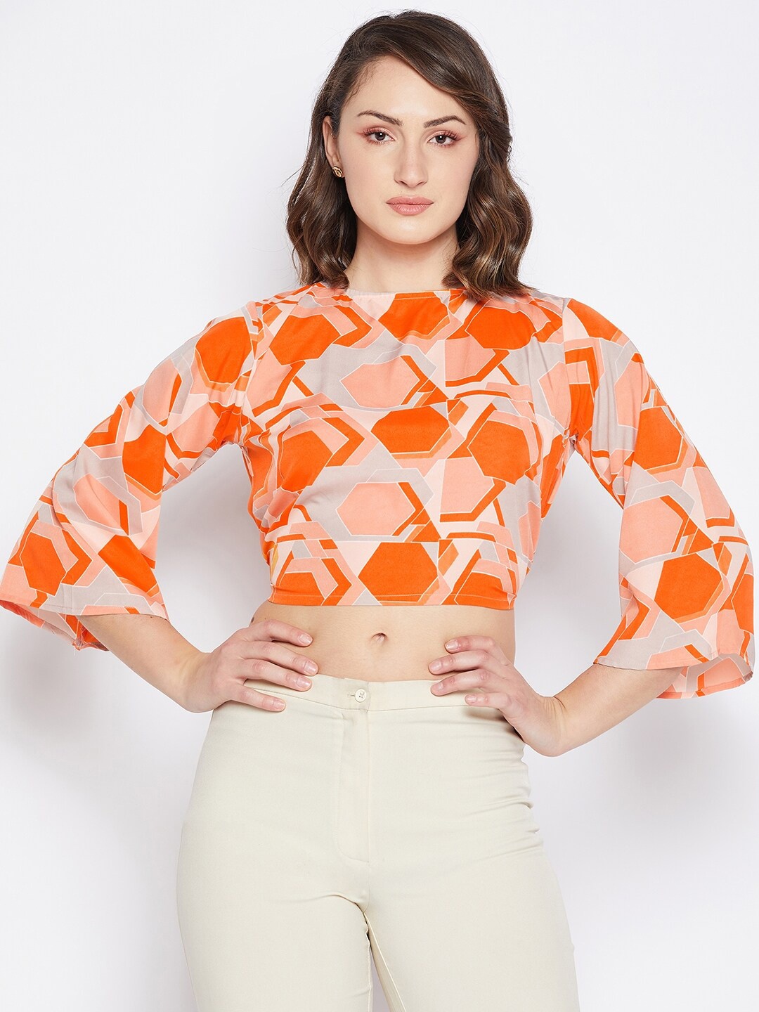 

Fashfun Geometric Printed Tie Ups Crop Top, Orange