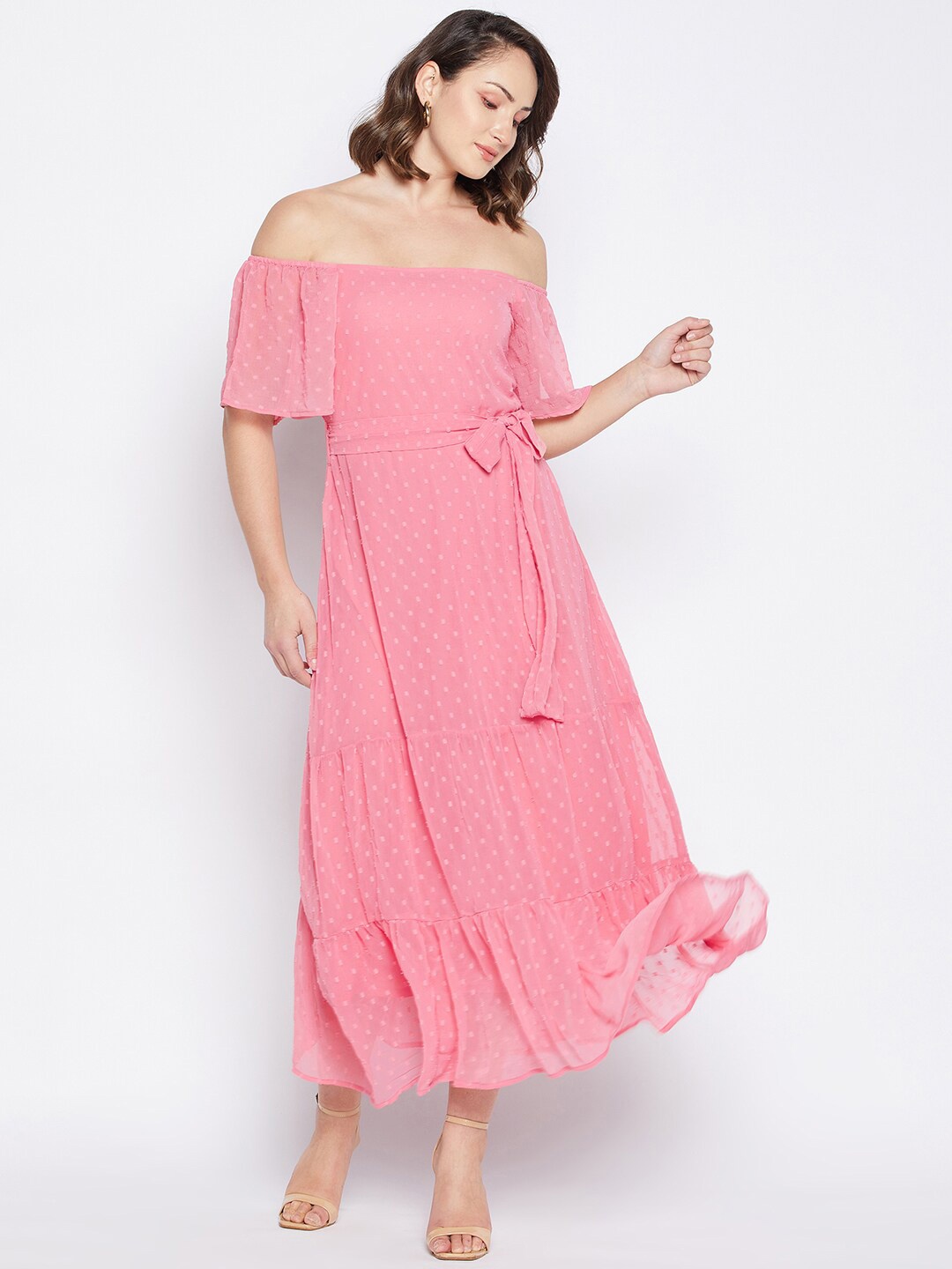 

Fashfun Self Designed Off-Shoulder Flared Sleeves Tiered Fit & Flare Midi Dress, Pink