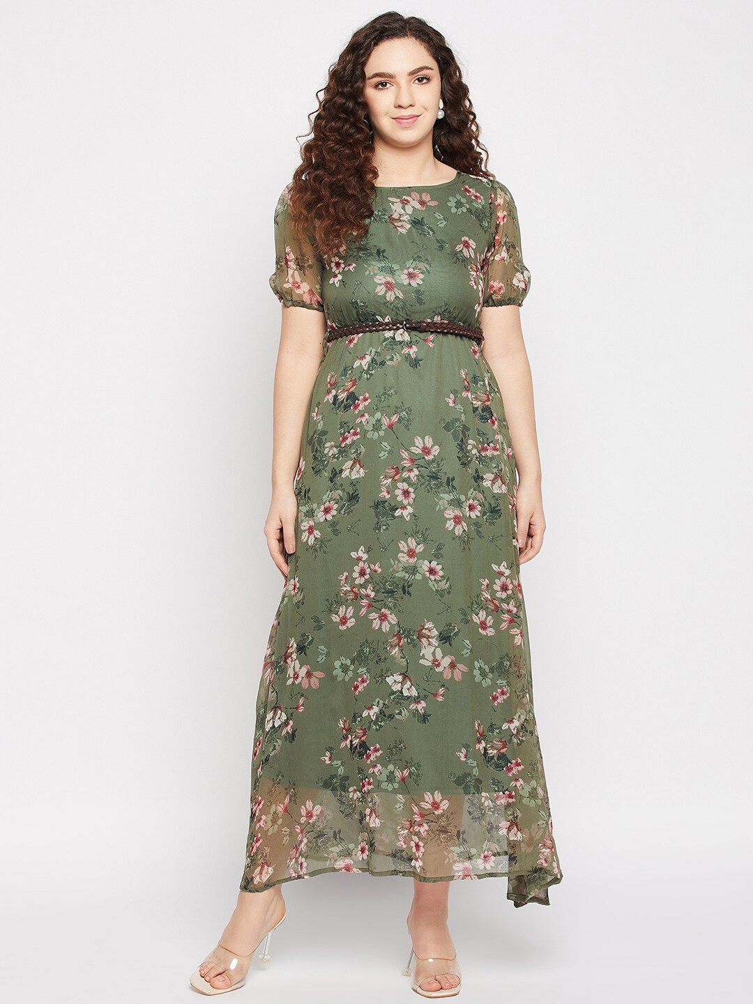 

Fashfun Floral Printed Puff Sleeves Fit & Flare Maxi Dress, Green