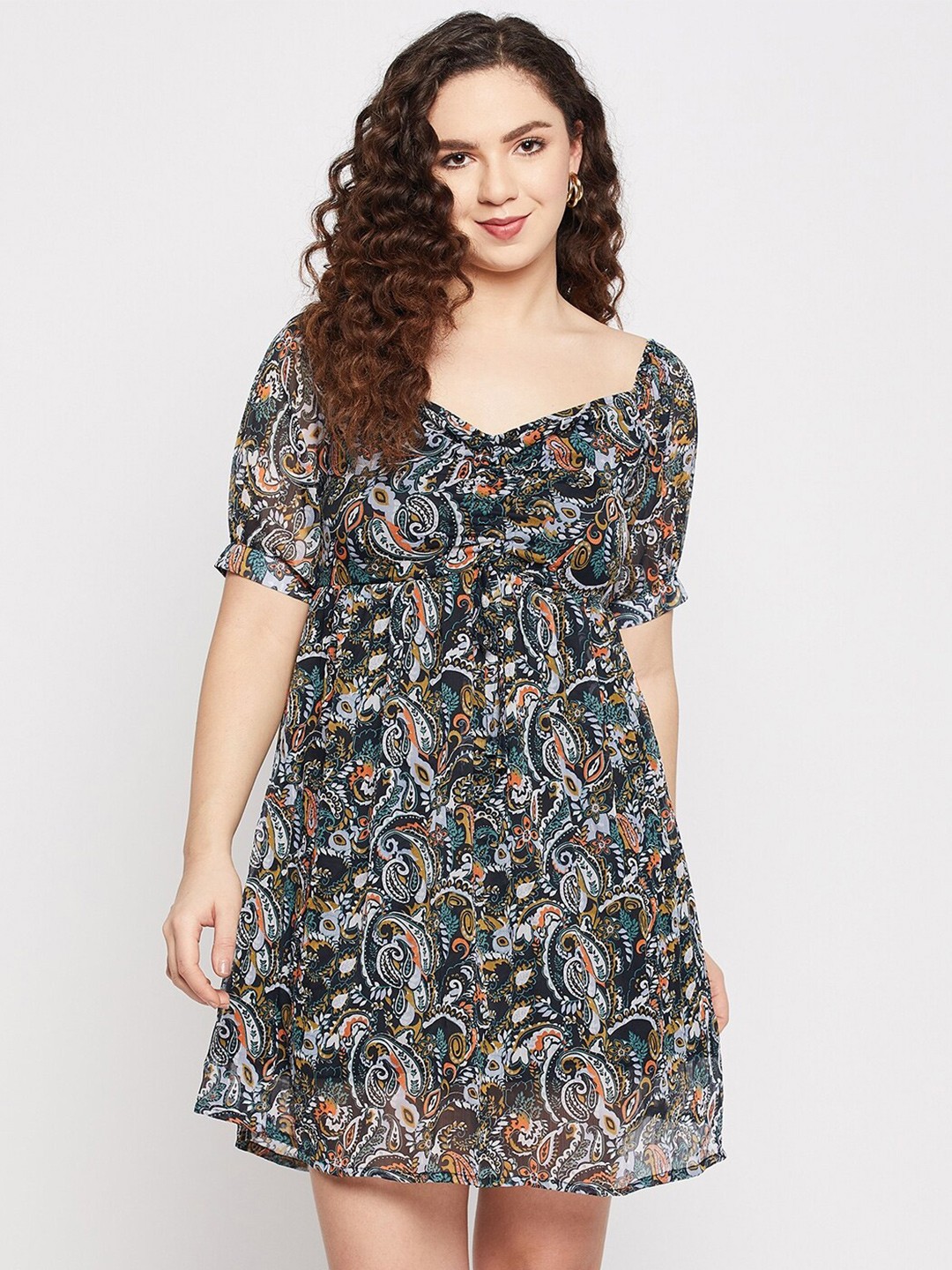 

Fashfun Paisley Ethnic Motifs Printed Puff Sleeves Gathered Fit & Flare Dress, Black