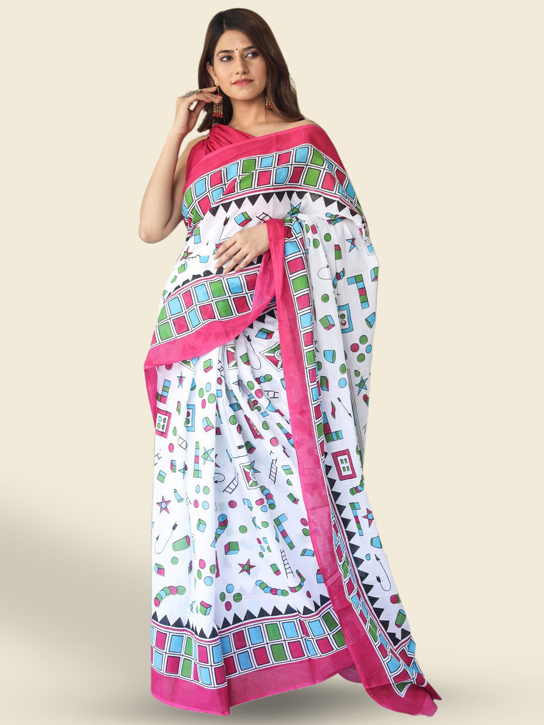 

BUTA BUTI Geometric Printed Pure Cotton Saree, White