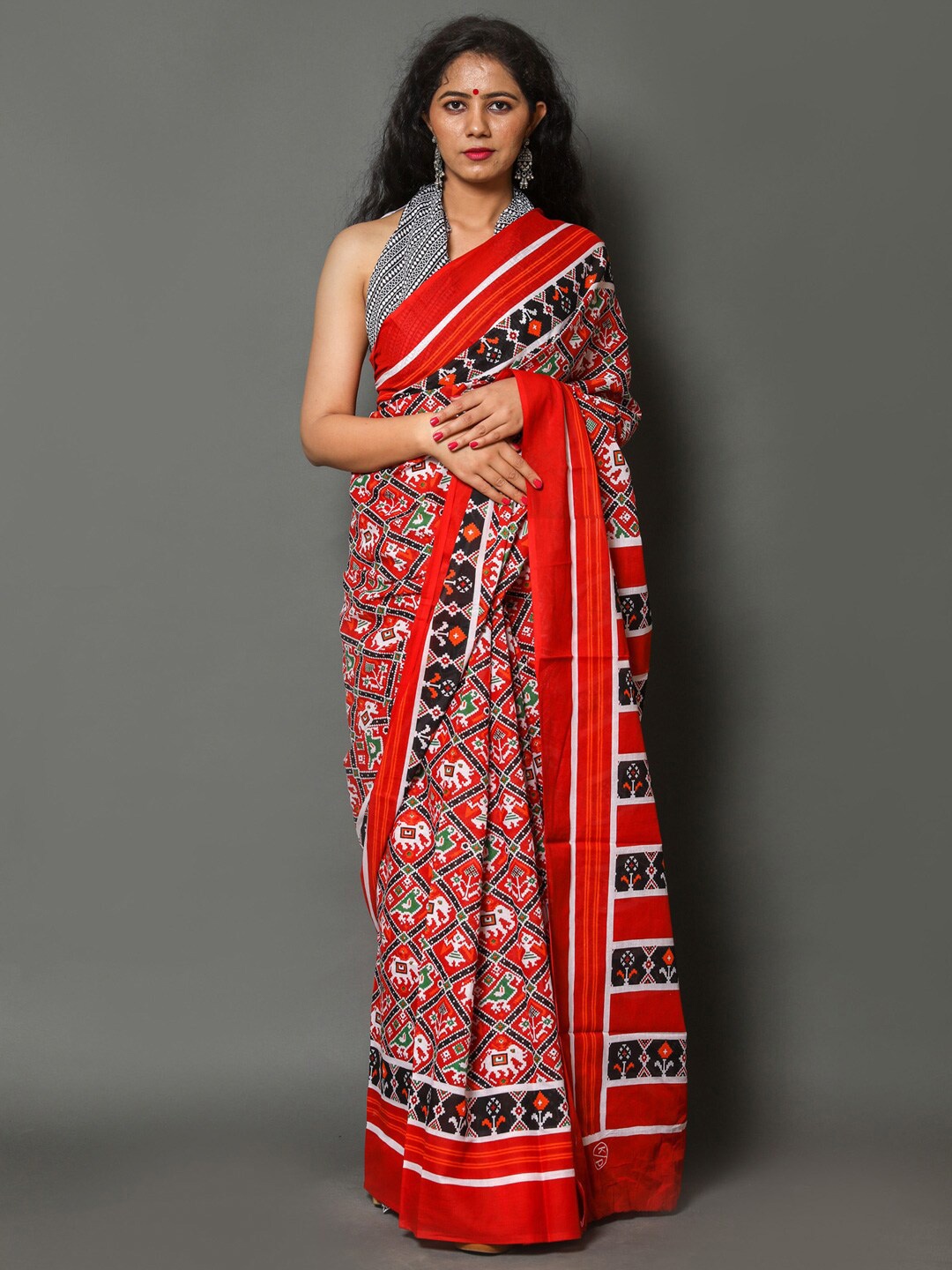 

BUTA BUTI Ethnic Motifs Printed Pure Cotton Saree, Red