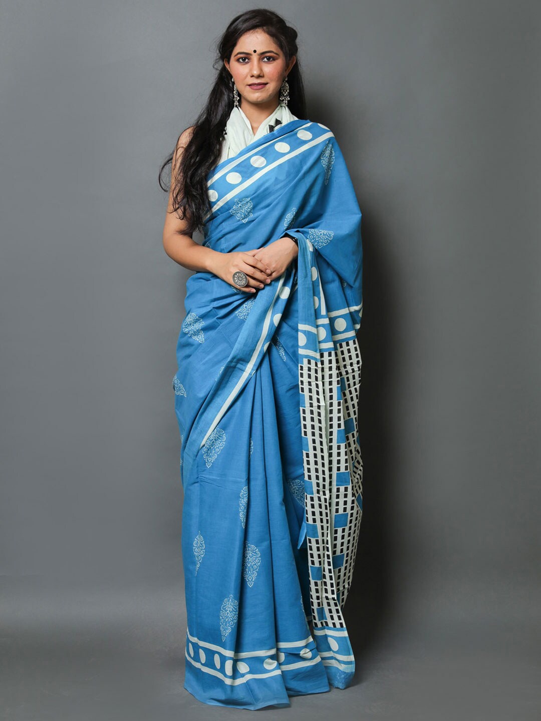 

BUTA BUTI Ethnic Motifs Printed Pure Cotton Saree, Blue