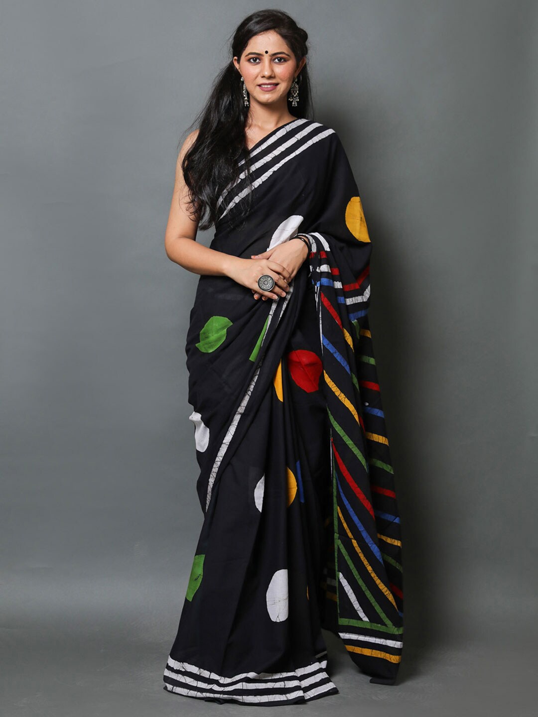 

BUTA BUTI Polka Dots Printed Pure Cotton Saree, Black