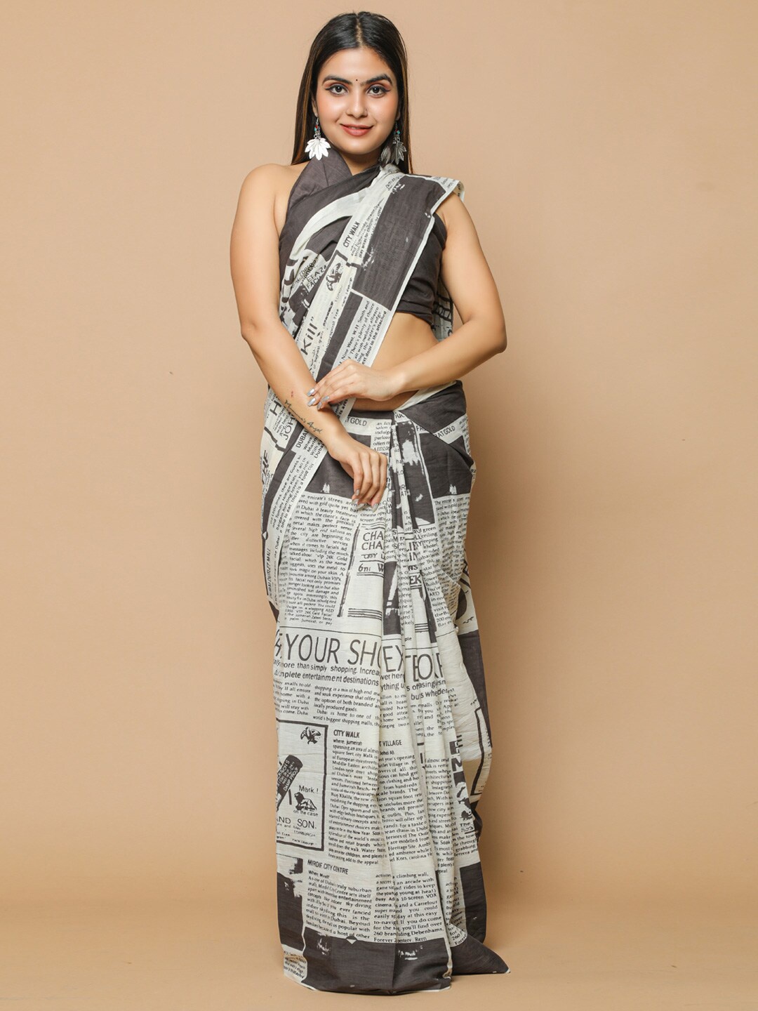 

BUTA BUTI Abstract Printed Pure Cotton Saree, Black