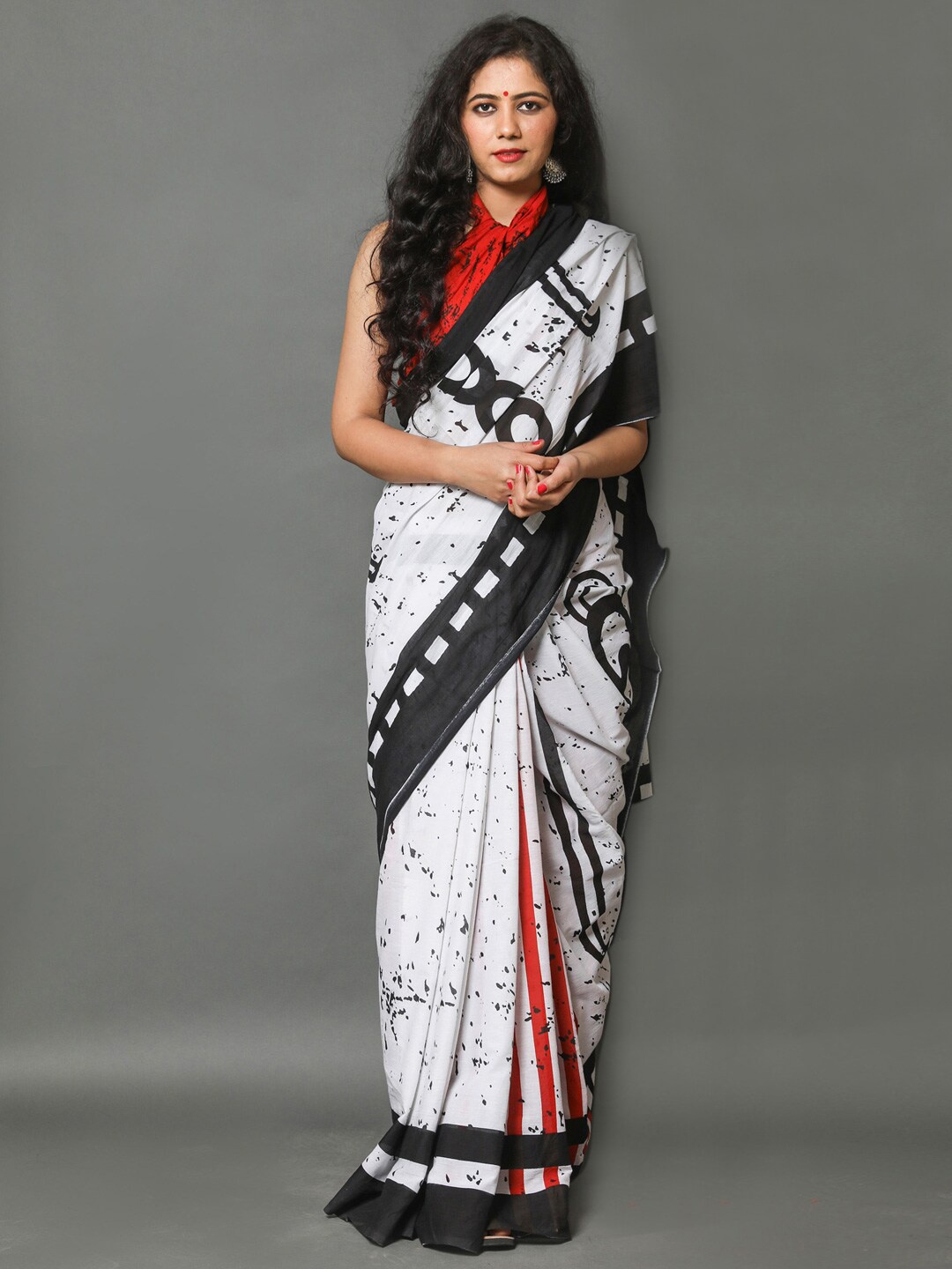 

BUTA BUTI Abstract Printed Pure Cotton Saree, White