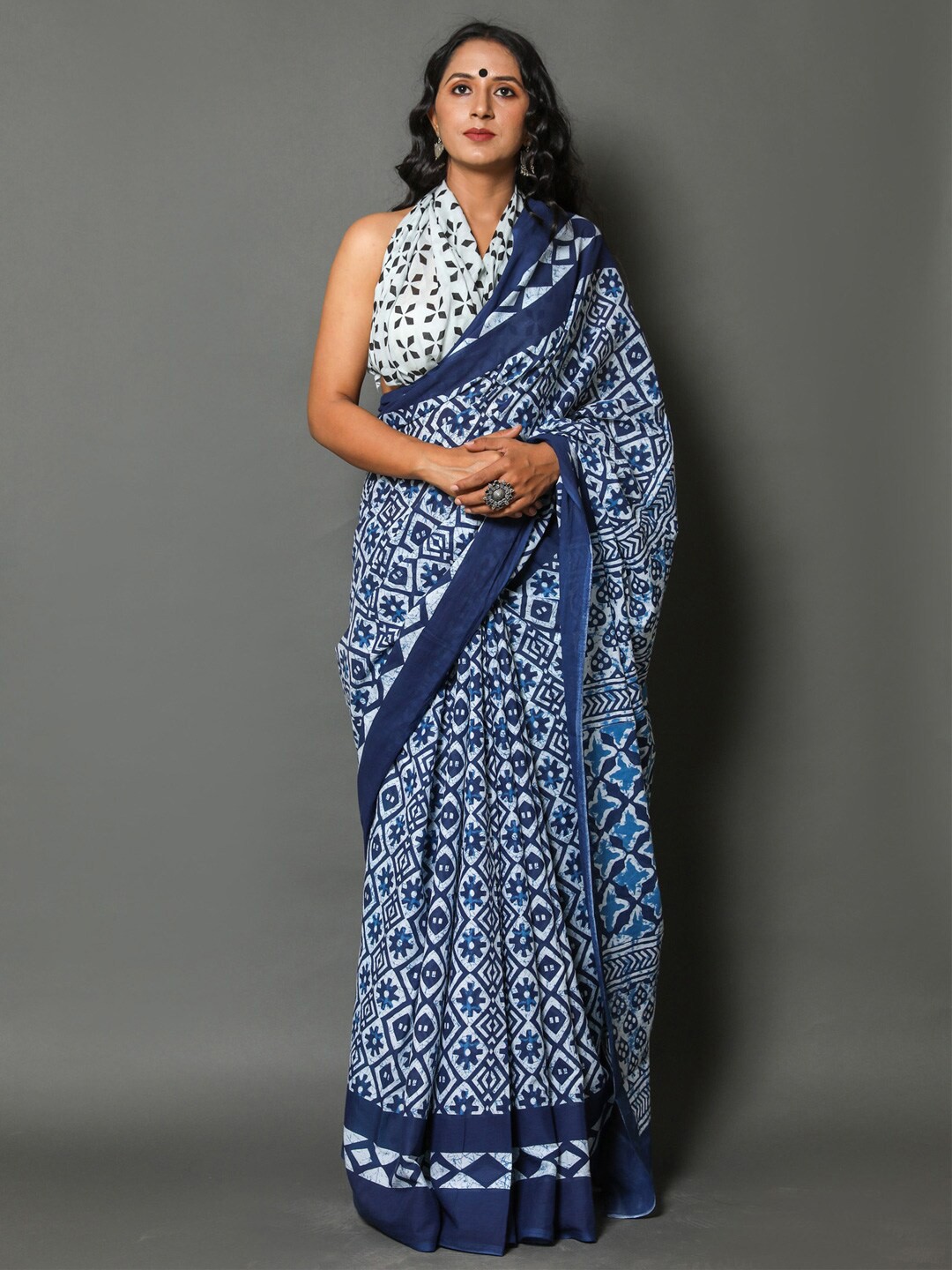 

BUTA BUTI Ethnic Motifs Printed Pure Cotton Saree, Blue