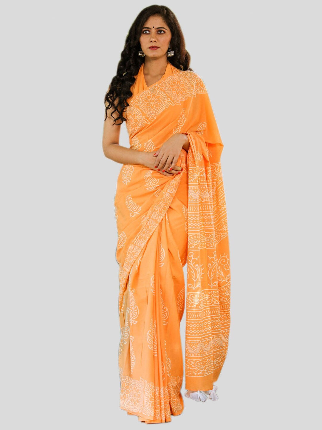 

BUTA BUTI Ethnic Motifs Printed Pure Cotton Saree, Orange