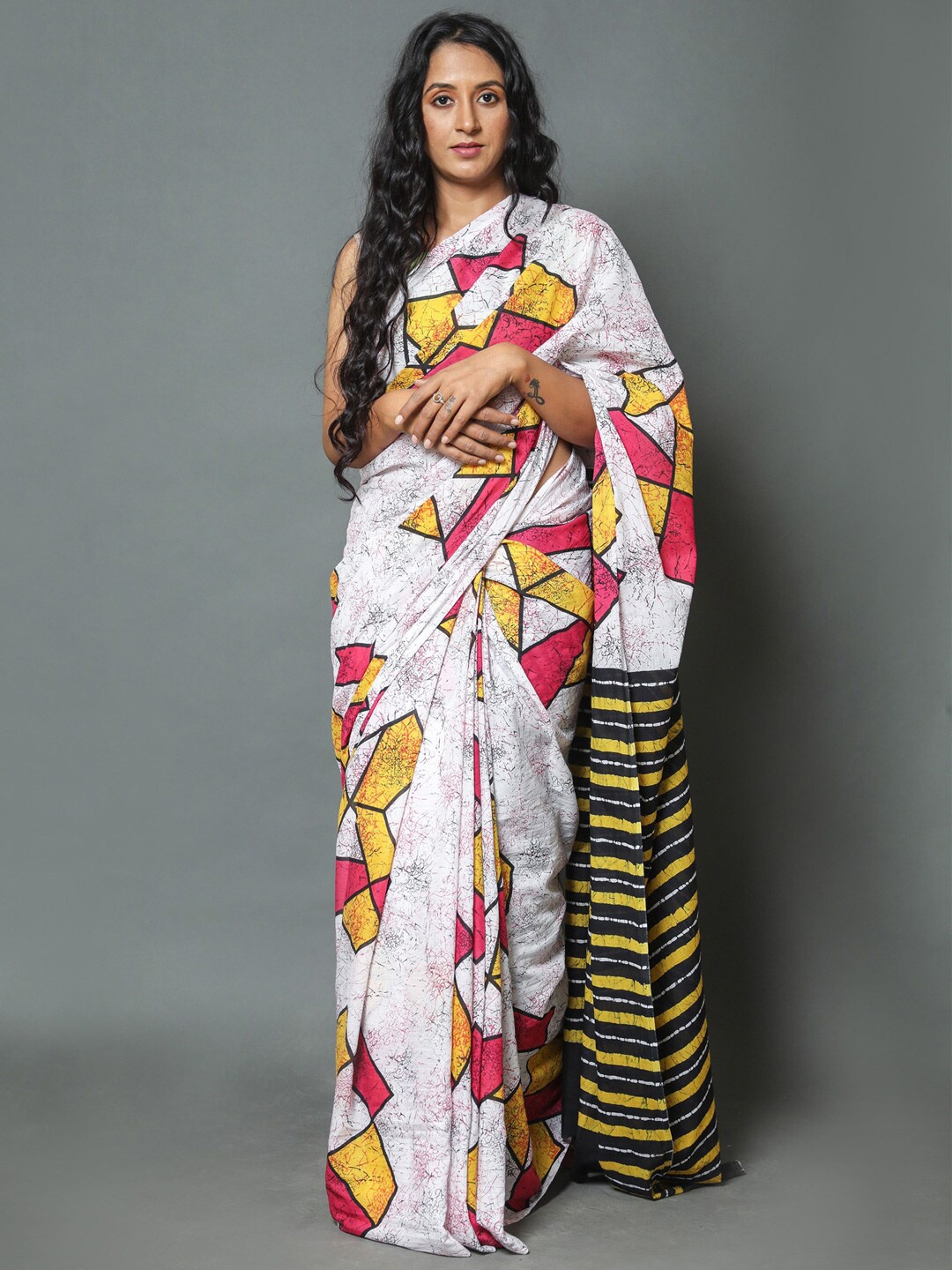 

BUTA BUTI Geometric Printed Pure Cotton Saree, White