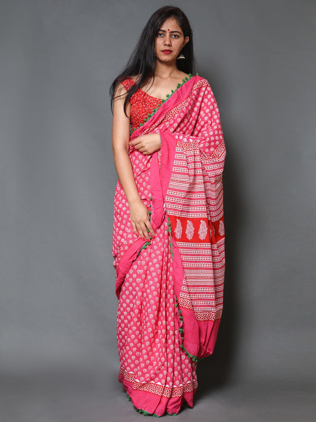 

BUTA BUTI Ethnic Motifs Printed Pure Cotton Saree, Pink