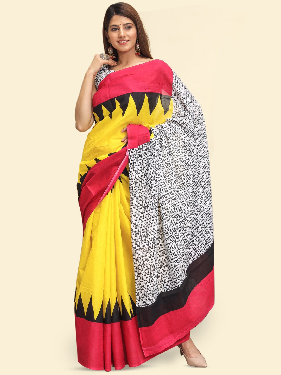 

BUTA BUTI Abstract Printed Pure Cotton Saree, Yellow