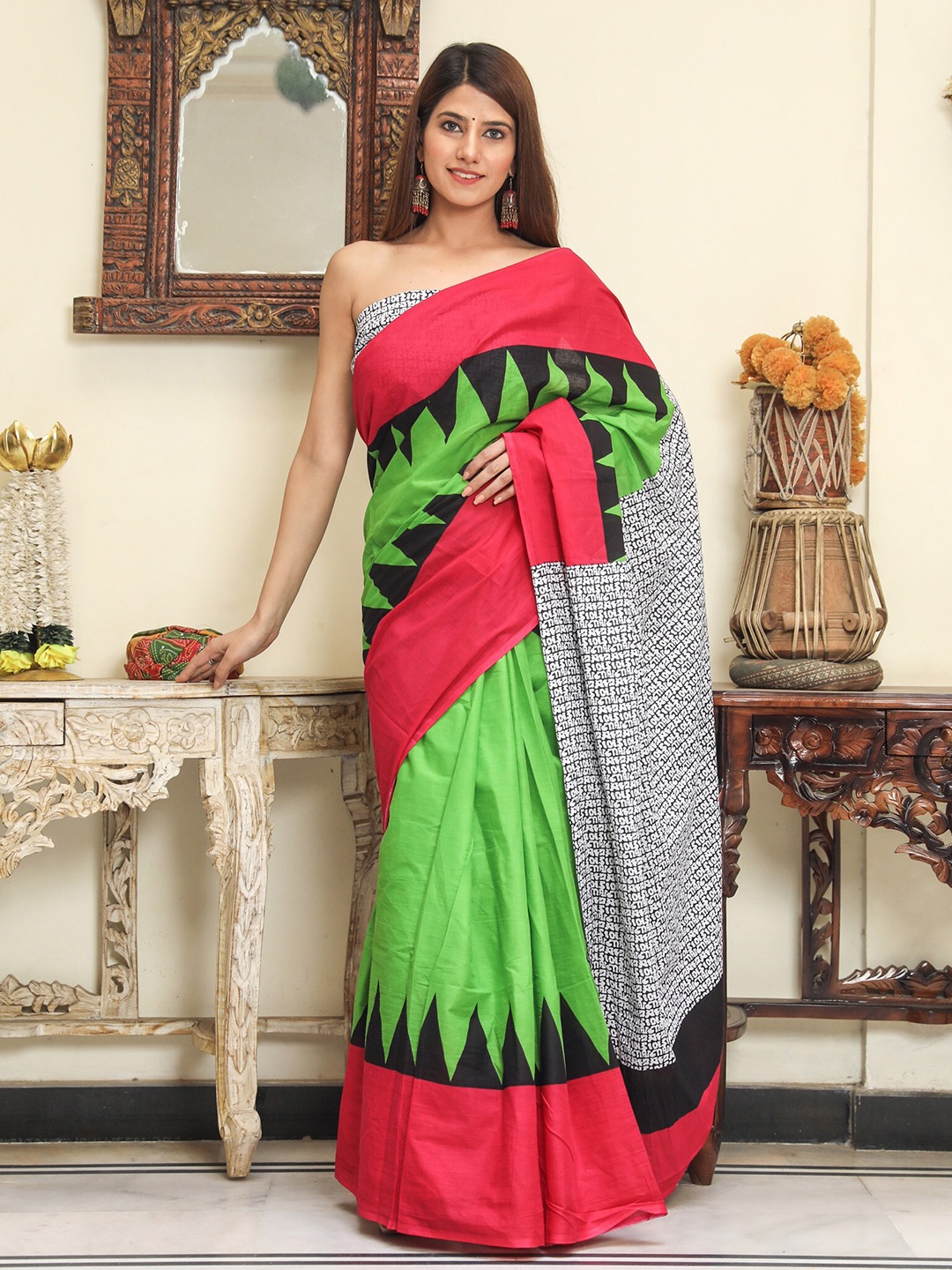 

BUTA BUTI Geometric Printed Pure Cotton Saree, Green