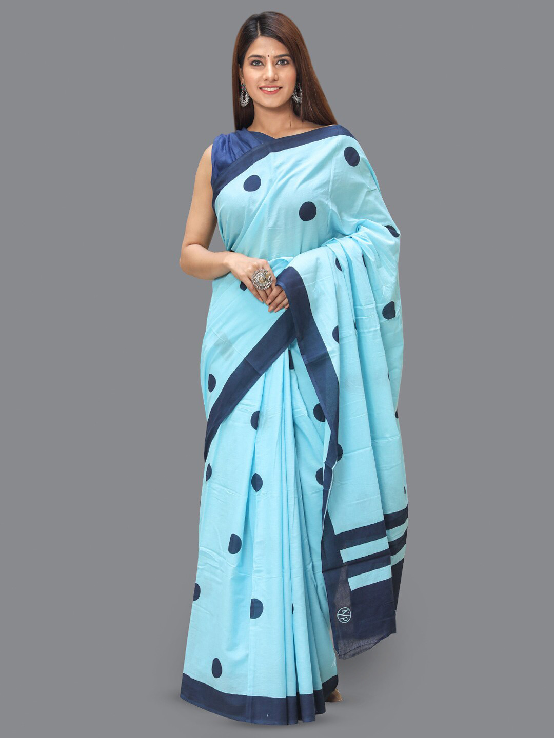

BUTA BUTI Polka Dot Printed Pure Cotton Saree, Navy blue
