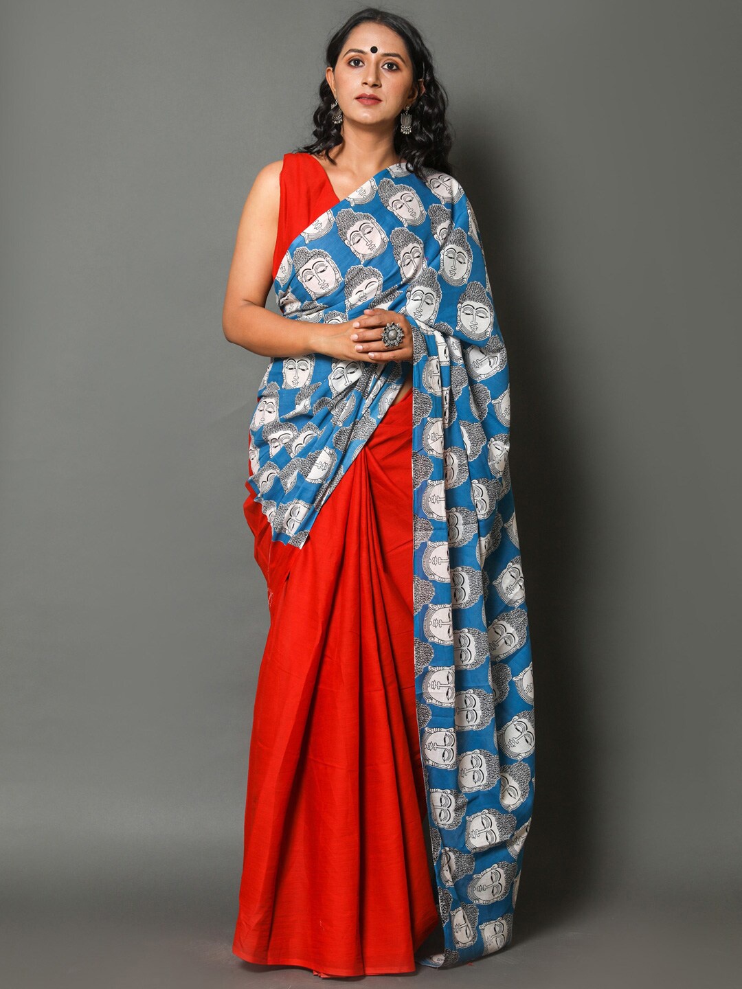 

BUTA BUTI Ethnic Motifs Printed Pure Cotton Saree, Blue