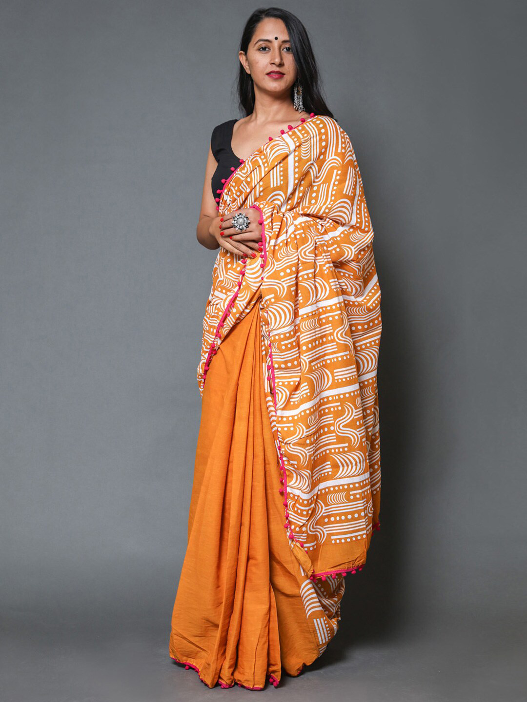 

BUTA BUTI Abstract Printed Pure Cotton Saree, Orange
