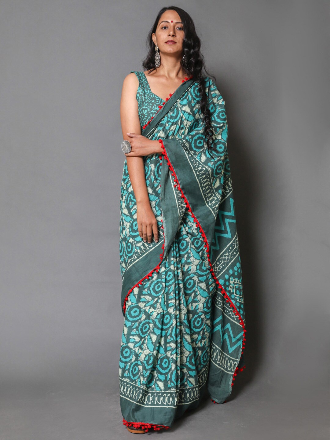 

BUTA BUTI Ethnic Motifs Printed Pure Cotton Saree, Green