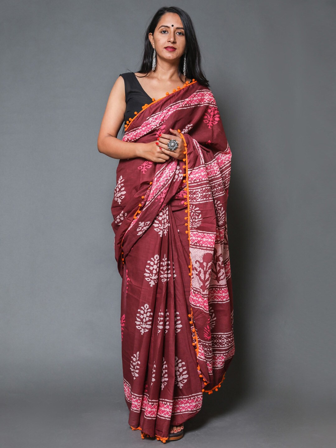 

BUTA BUTI Ethnic Motifs Printed Pure Cotton Saree, Maroon