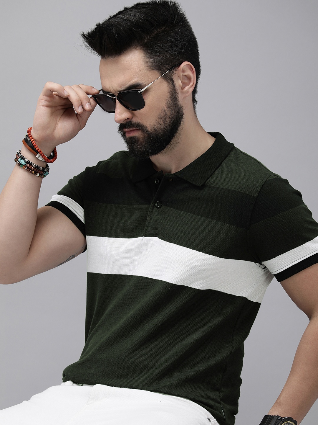 

Roadster Men Striped Polo Collar T-shirt, Olive