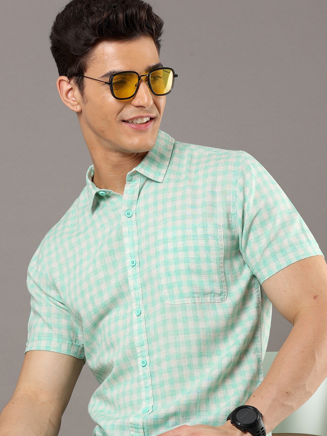 

HERE&NOW White & Sea Green Colour Gingham Checked Slim Fit Cotton Casual Shirt