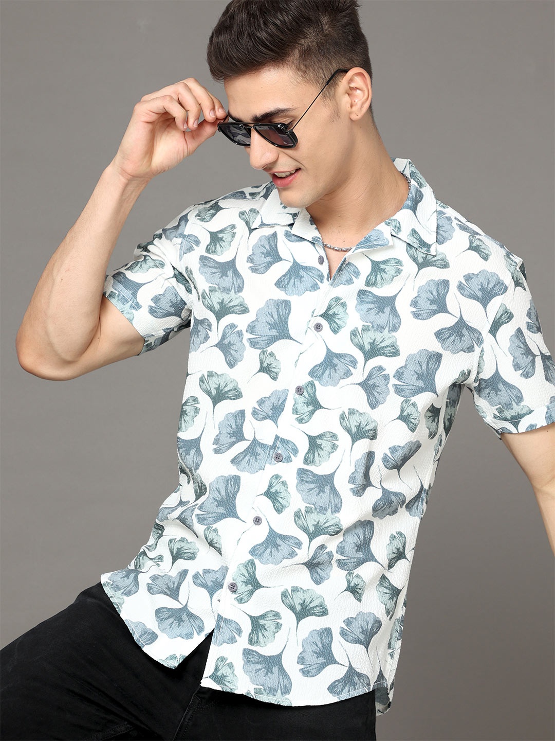 

HERE&NOW White & Grey Colour Floral Printed Cuban Collar Slim Fit Cotton Casual Shirt