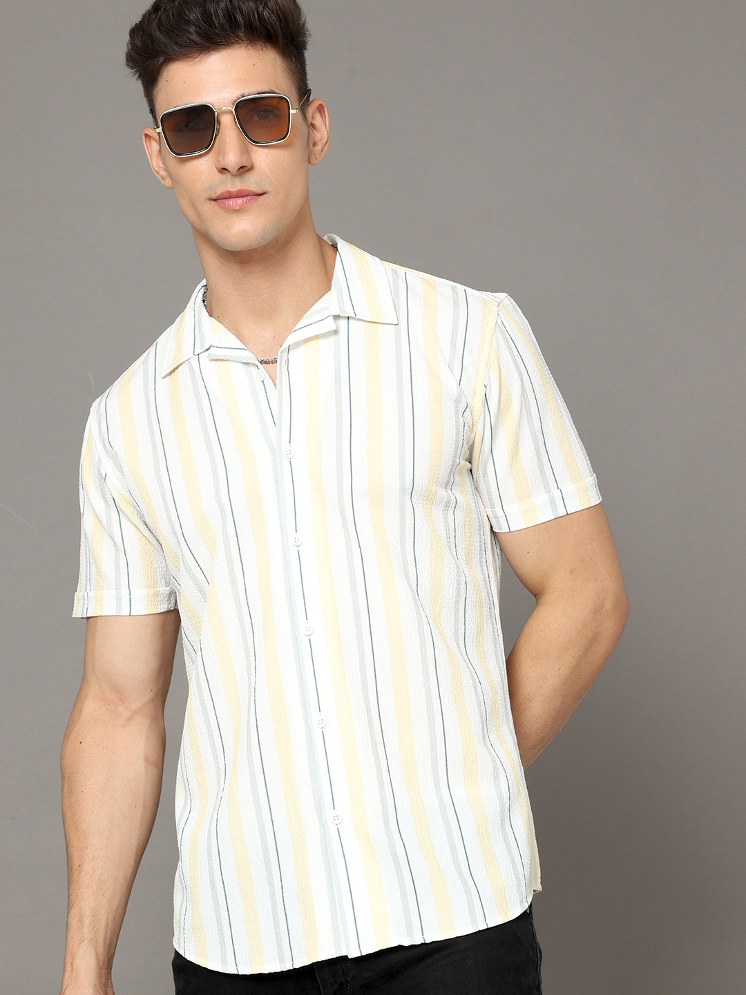 

HERE&NOW White & Yellow Vertical Striped Cotton Casual Shirt