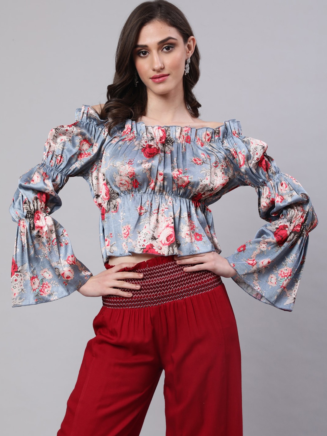 

AKIMIA Floral Printed Off-Shoulder Puff Sleeves Satin Crop Top, Grey