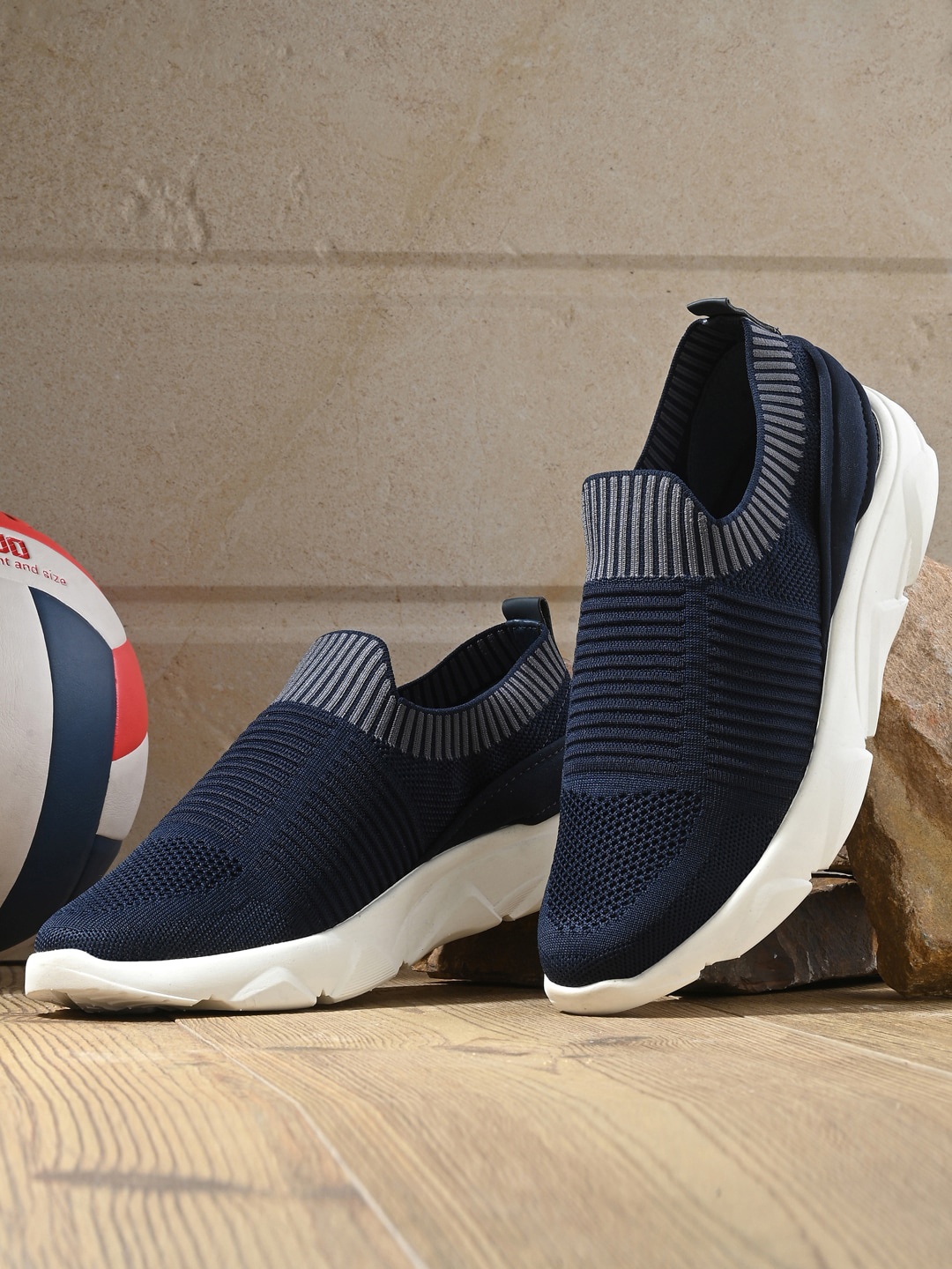

SPYKAR Men Textured Mesh Contrast Sole Slip-On Sneakers, Navy blue