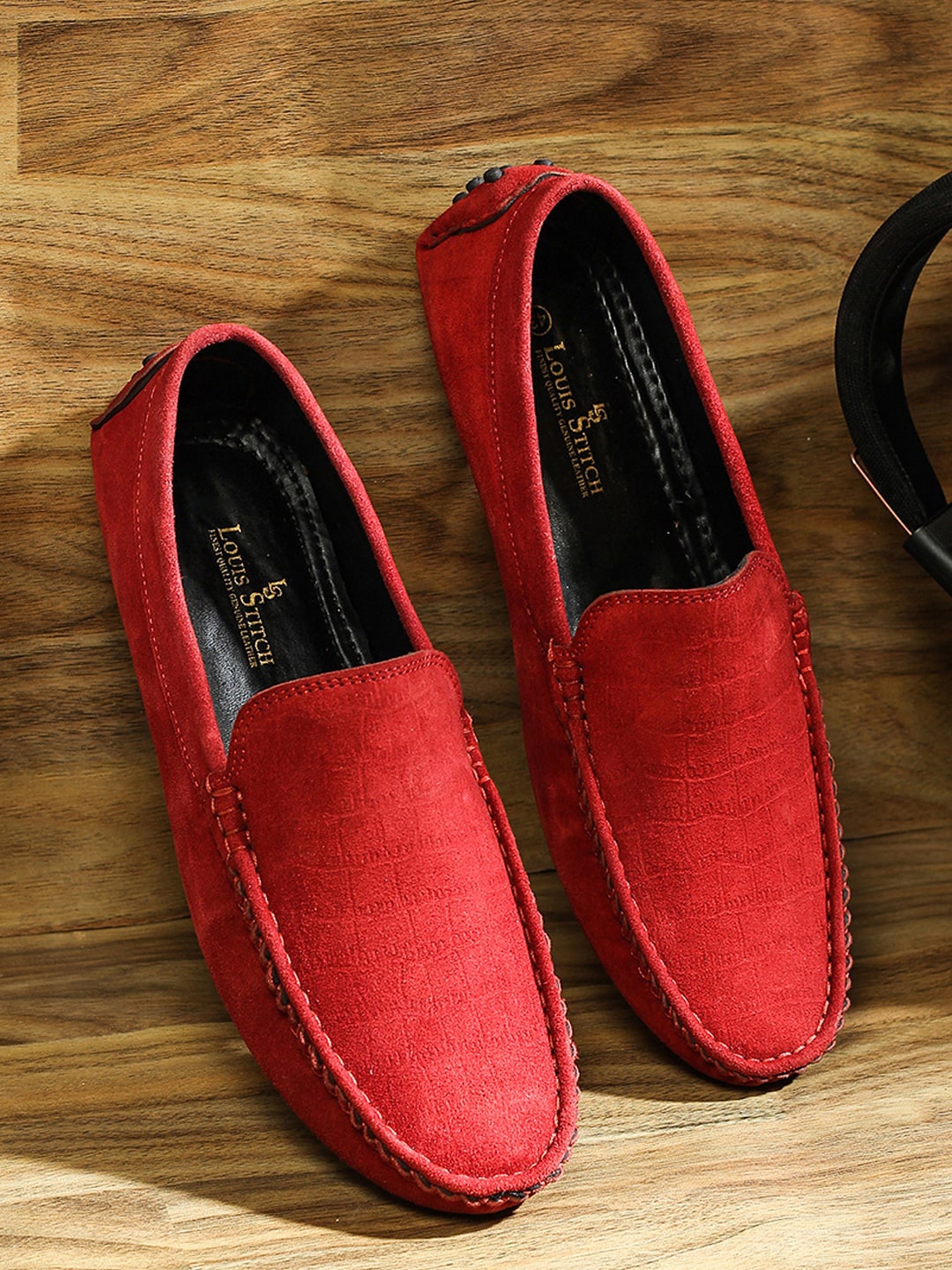 

Louis Stitch Men Ferrari Red Italian Suede Leather Handmade Driving Loafers