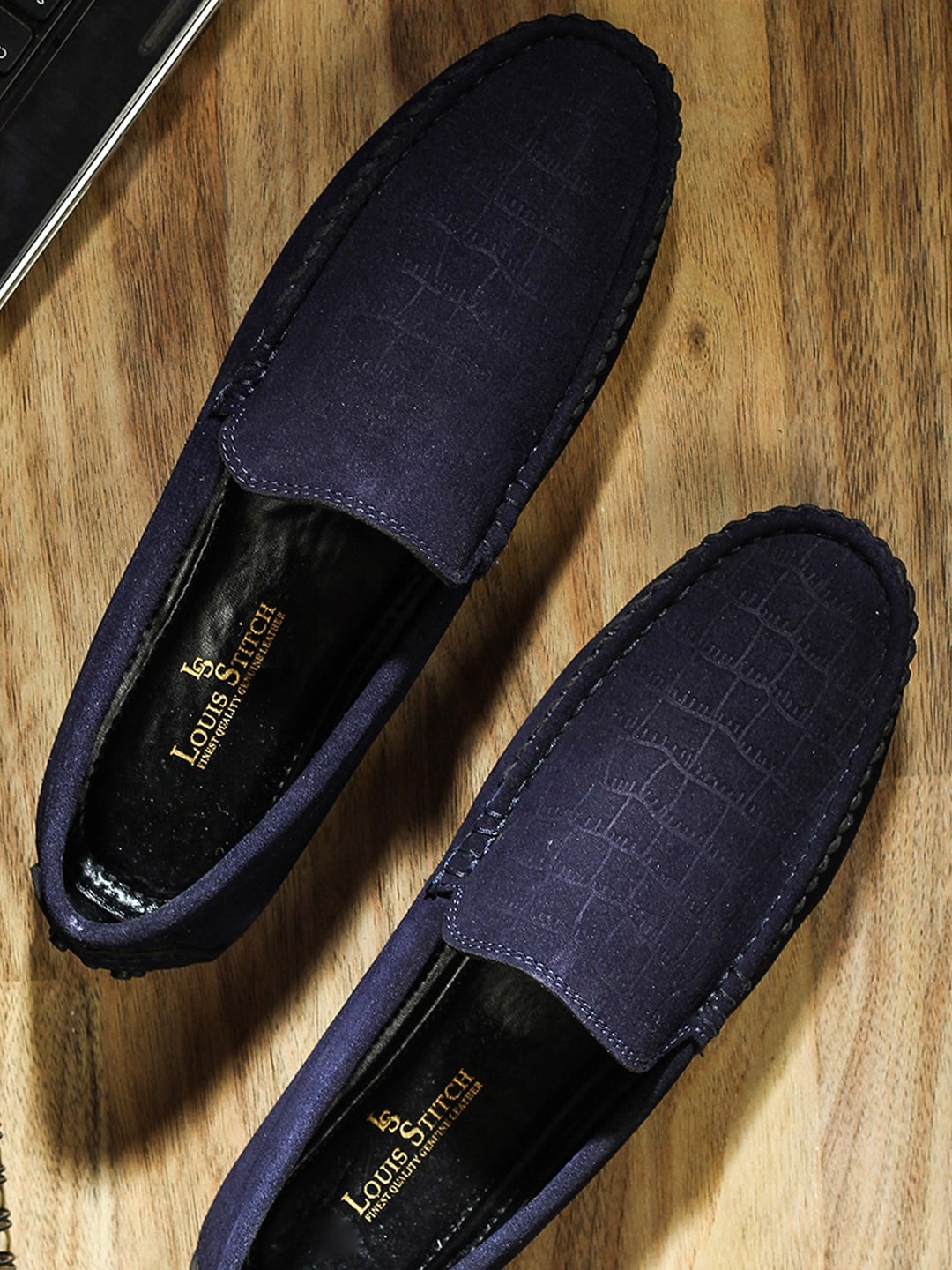 

Louis Stitch Men Prussian Blue Italian Suede Leather Handmade Driving Loafers, Navy blue