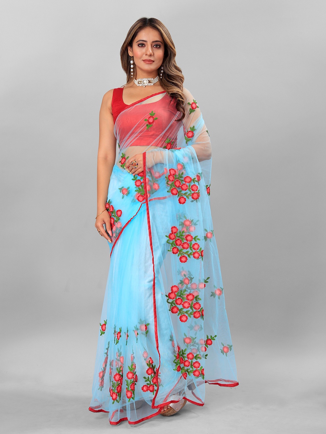 

APNISHA Floral Embroidered Saree, Turquoise blue
