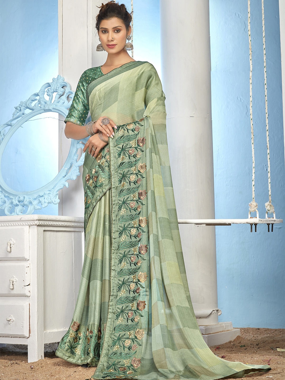 

Triveni Checked Embroidered Pure Chiffon Saree, Green