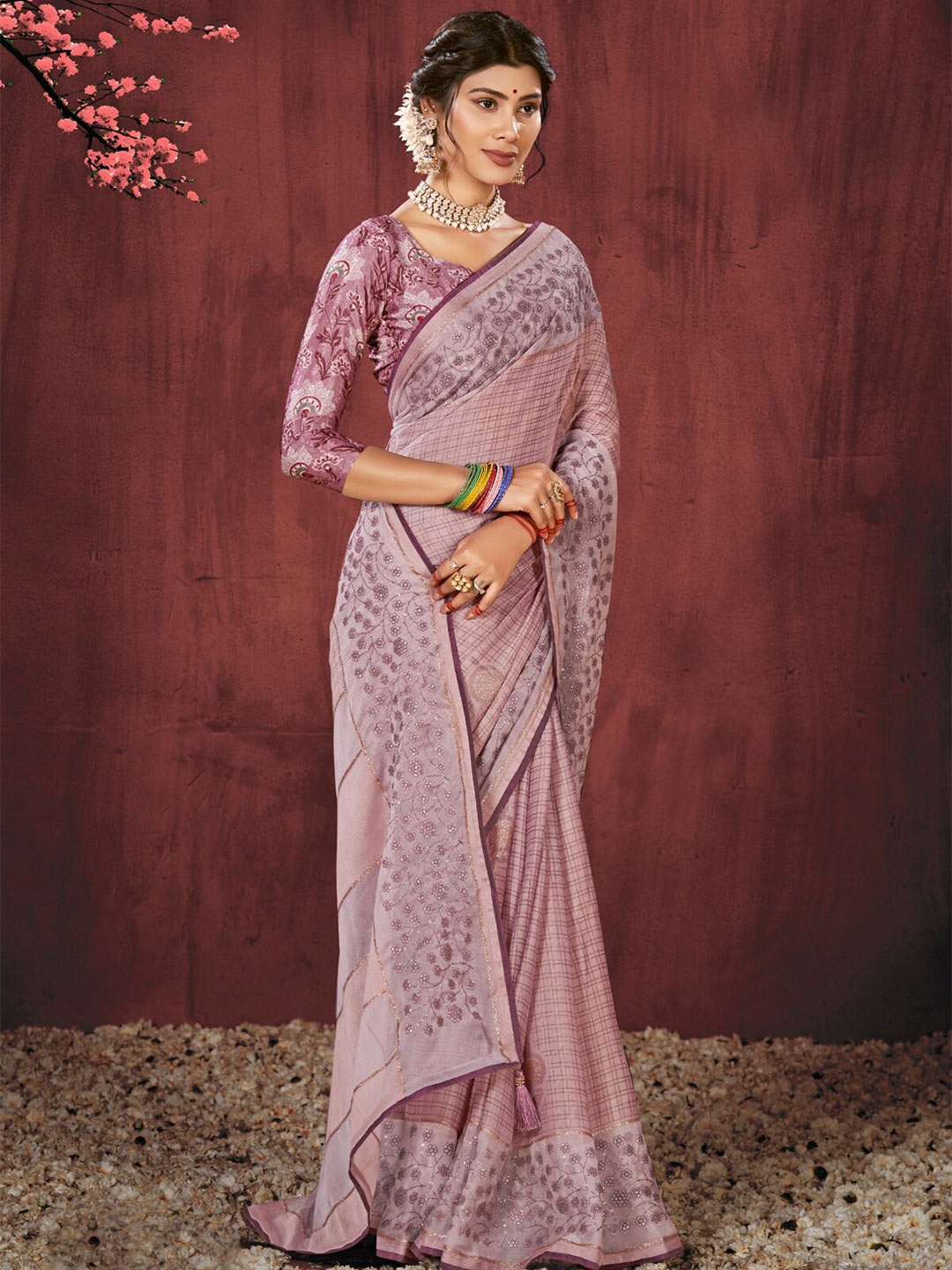 

Triveni Checked Embroidered Brasso Saree, Purple