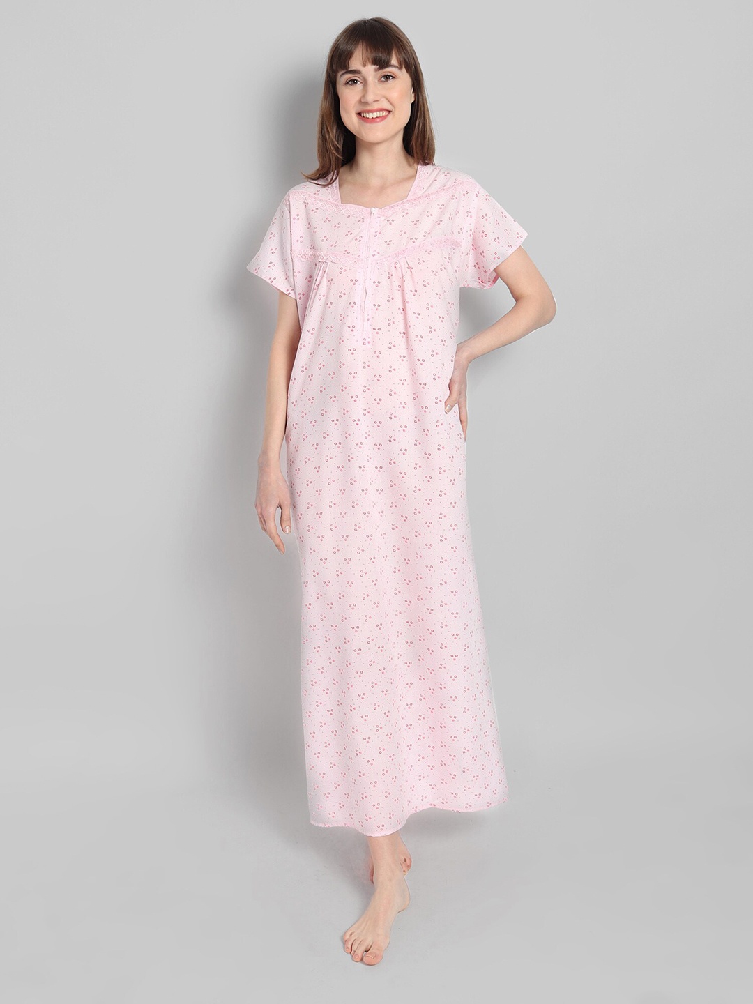 

Noty Geometric Printed Pure Cotton Maxi Nightdress, Pink