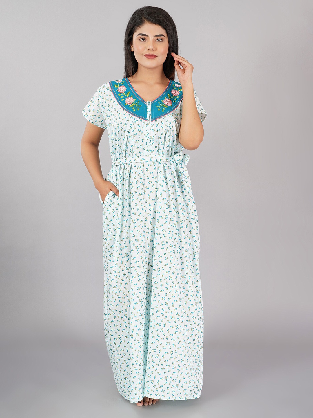 

Noty Floral Printed Pure Cotton Maxi Nightdress, White