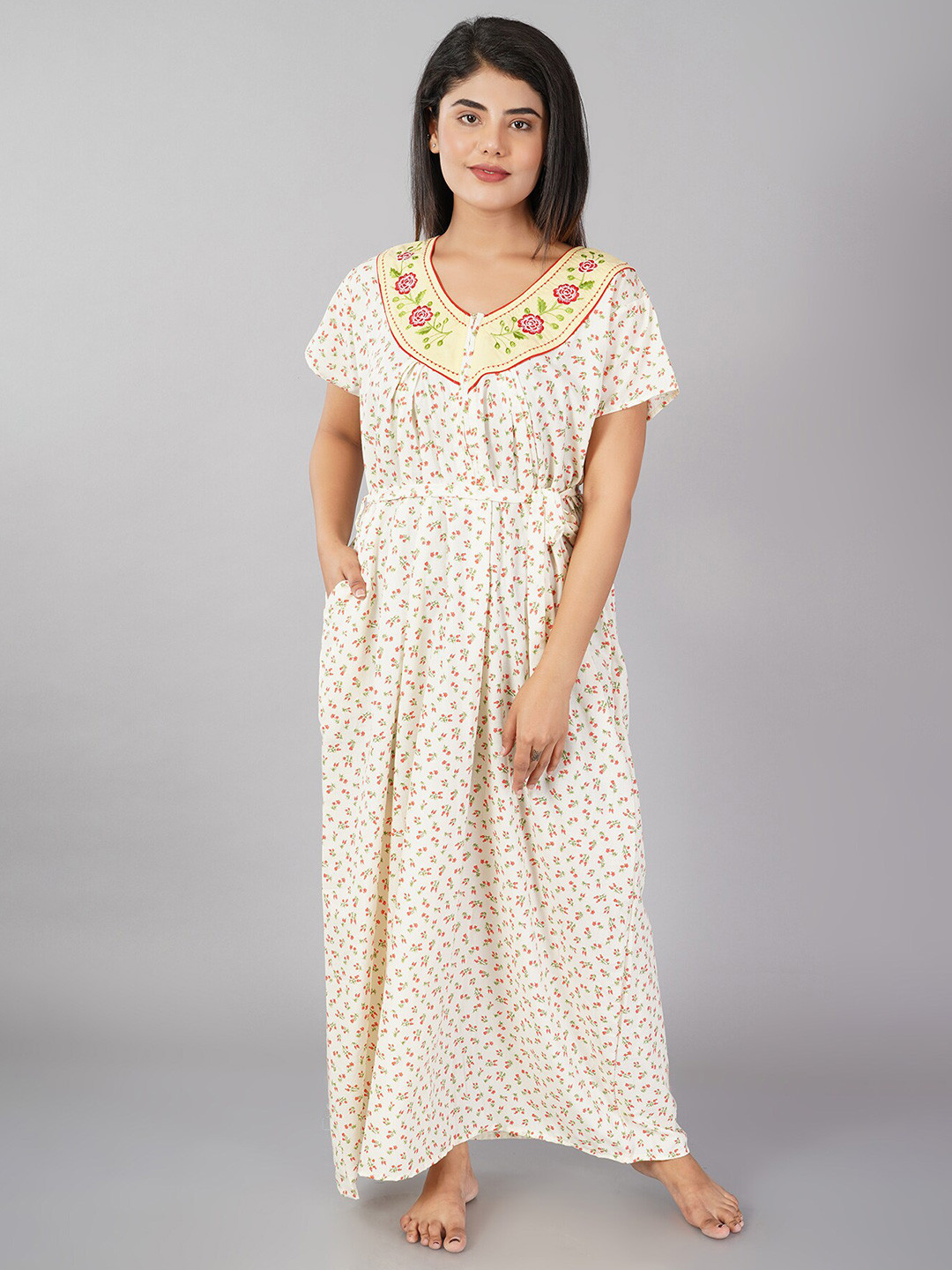 

Noty Floral Printed Pure Cotton Maxi Nightdress, Cream