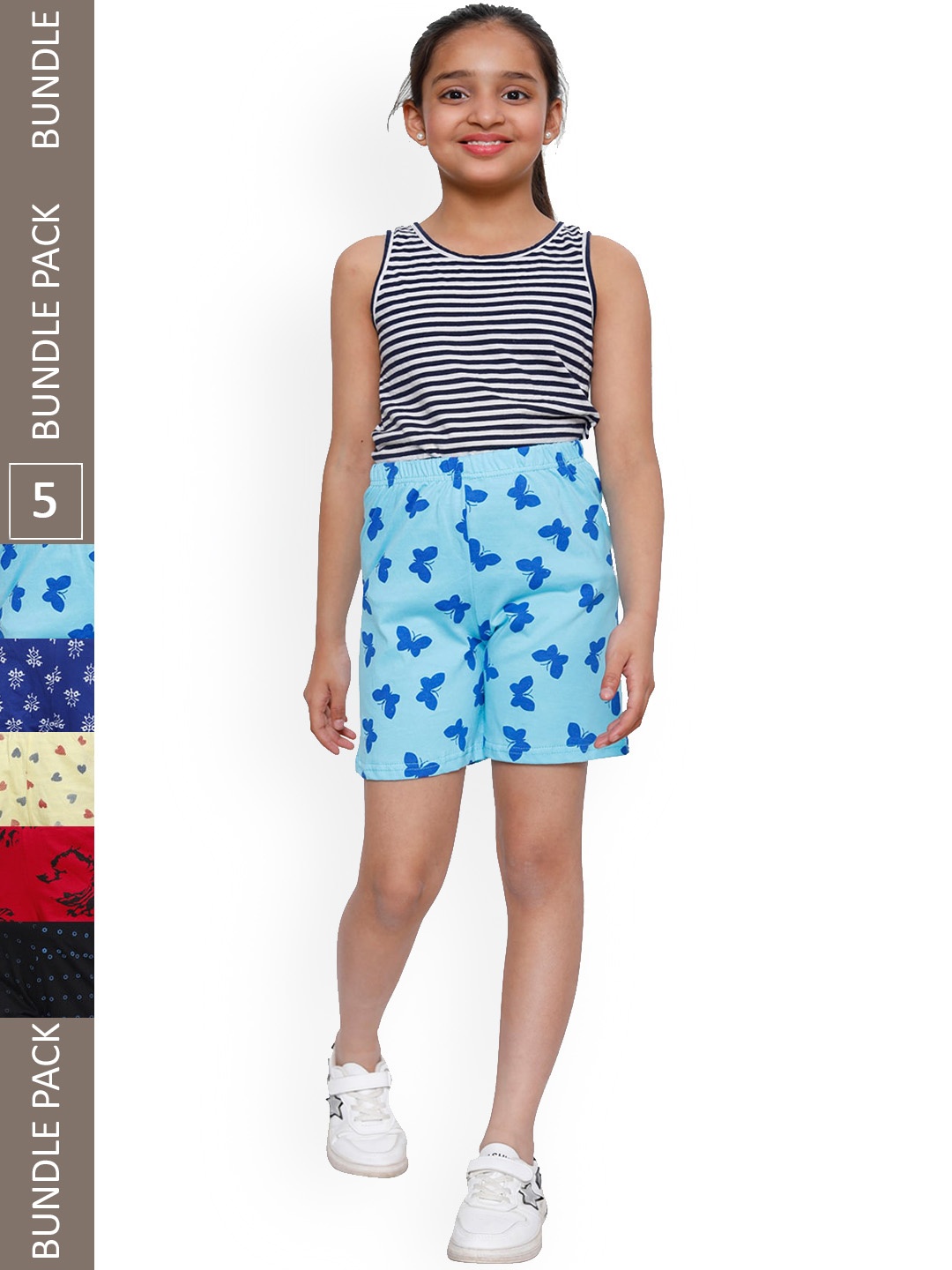 

IndiWeaves Girls Pack Of 5 Printed High-Rise Shorts, Blue