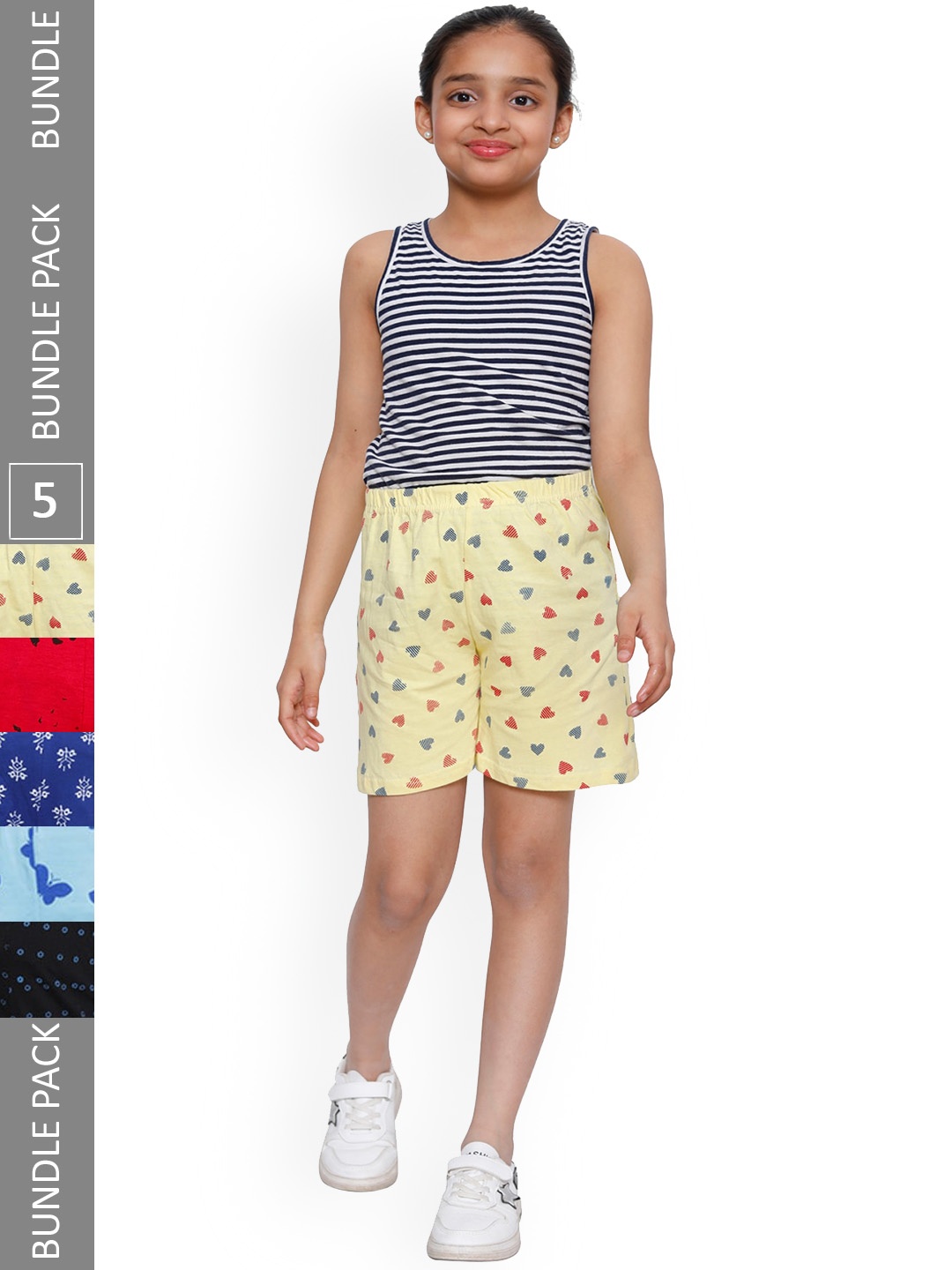 

IndiWeaves Girls Pack Of 5 Conversational Printed High-Rise Cotton Shorts, Yellow