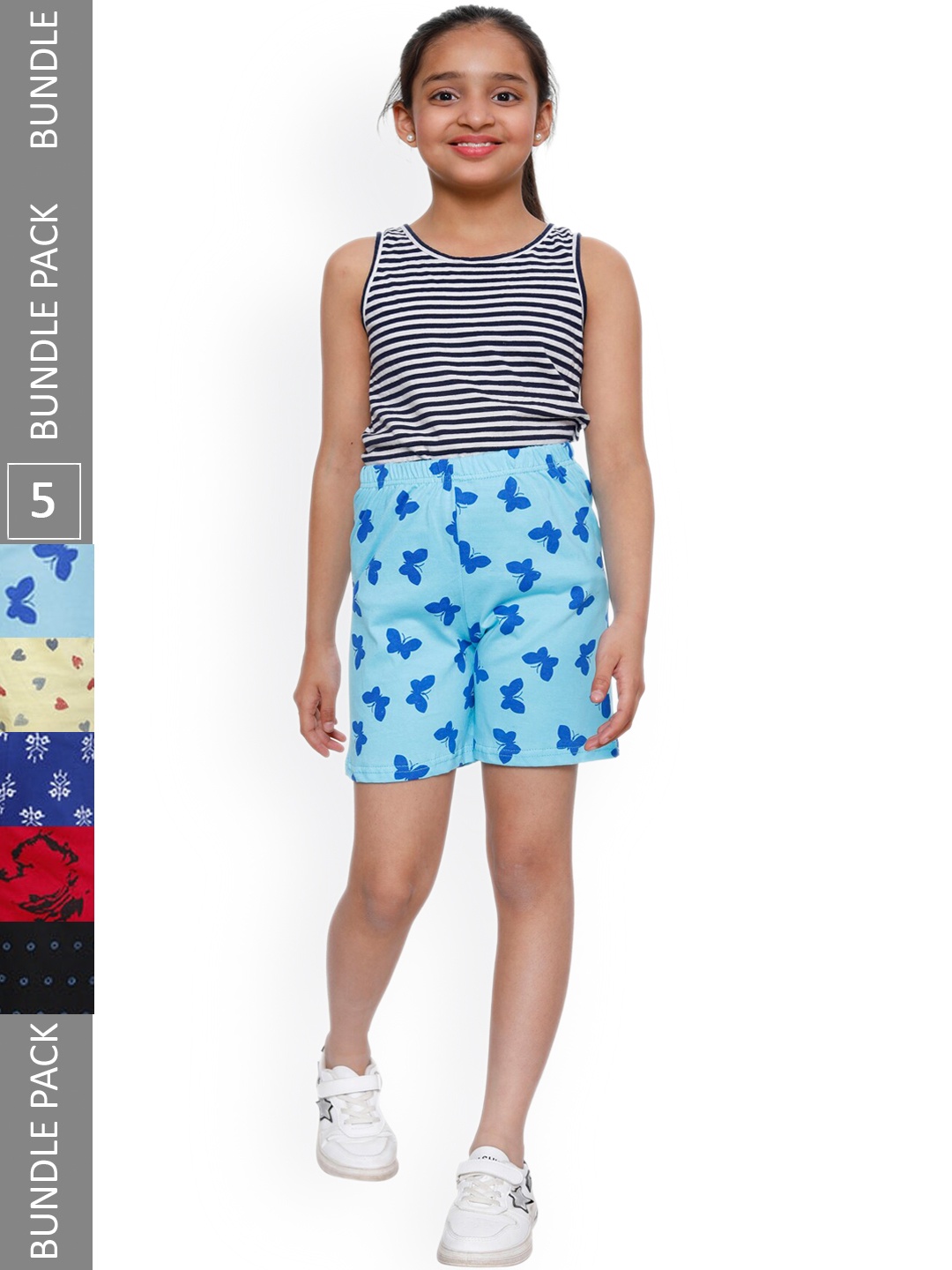 

IndiWeaves Girls Pack of 5 Printed High-Rise Shorts, Blue