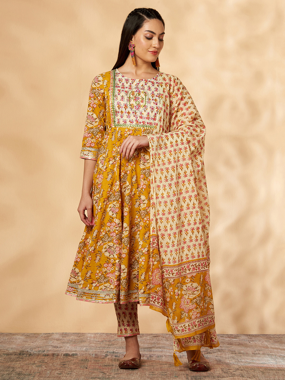 

IMARA Floral Printed Mirror Work Pure Cotton Kurta with Trousers & With Dupatta, Mustard