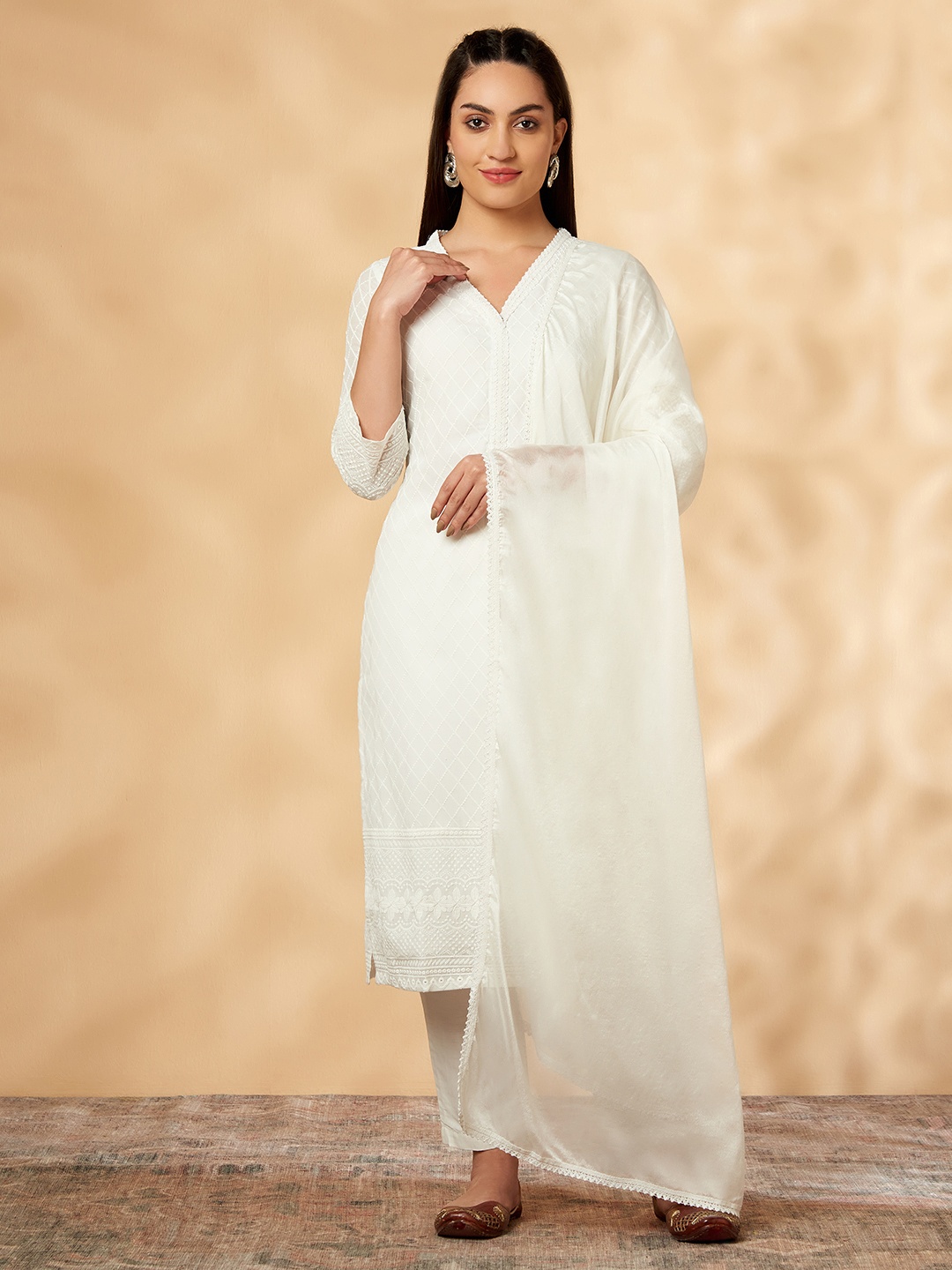 

IMARA Chikankari Embroidered Pure Cotton Kurta with Trousers & Dupatta, Off white