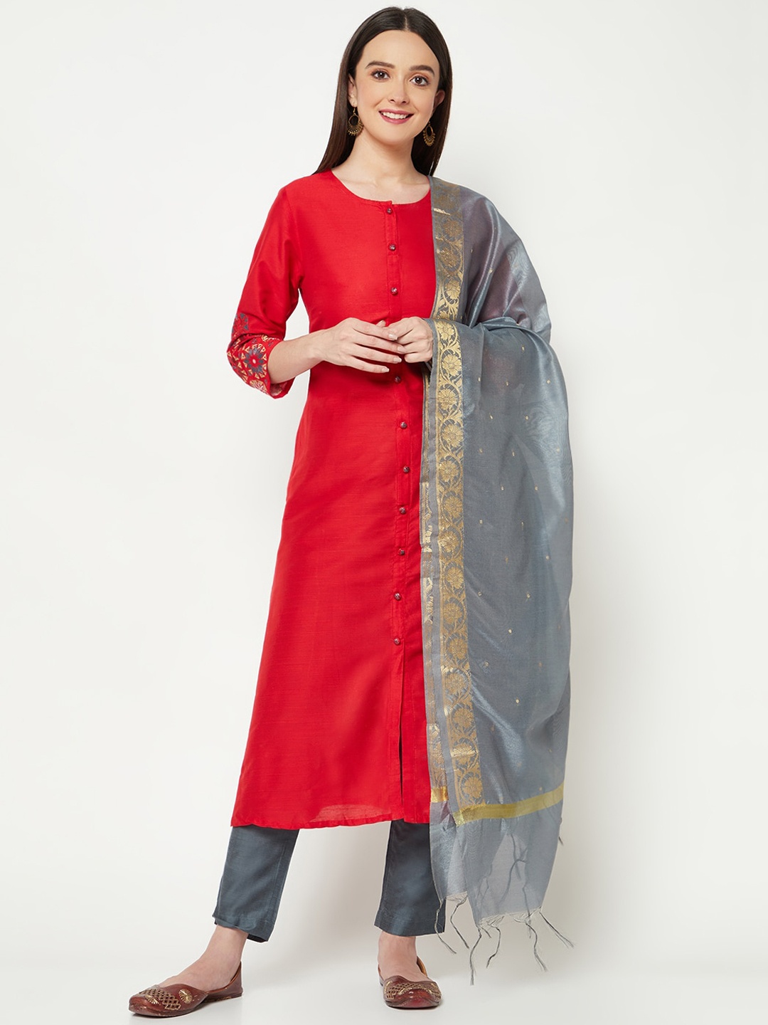 

IMARA Round Neck Thread Work Regular Kurta with Trousers & With Dupatta, Red