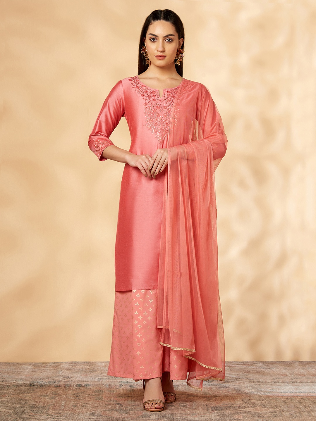 

IMARA Ethnic Motifs Yoke Design Mirror Work Kurta with Palazzos & Dupatta, Coral