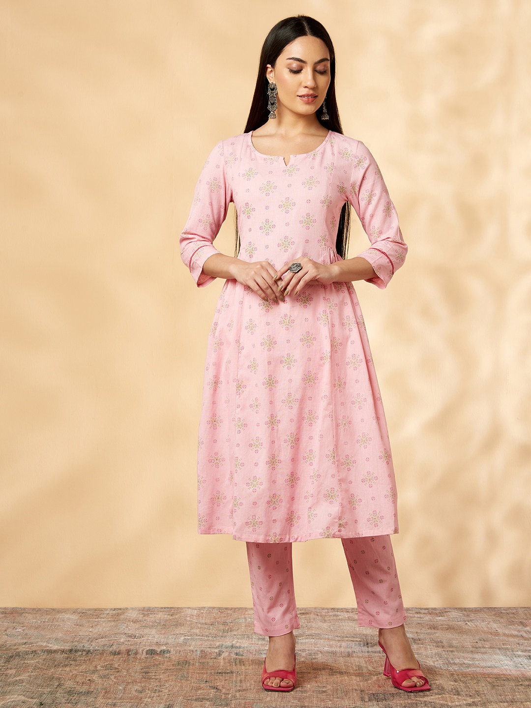 

IMARA Ethnic Motifs Printed A-Line Pure Cotton Kurta with Trousers, Pink