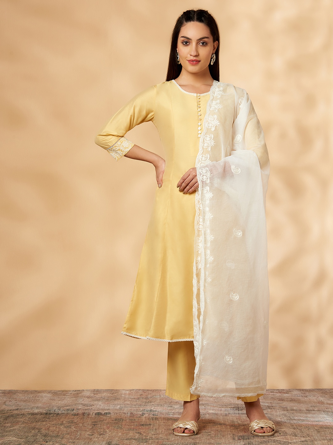 

IMARA Round Neck A-Line Kurta with Trousers & With Dupatta, Yellow