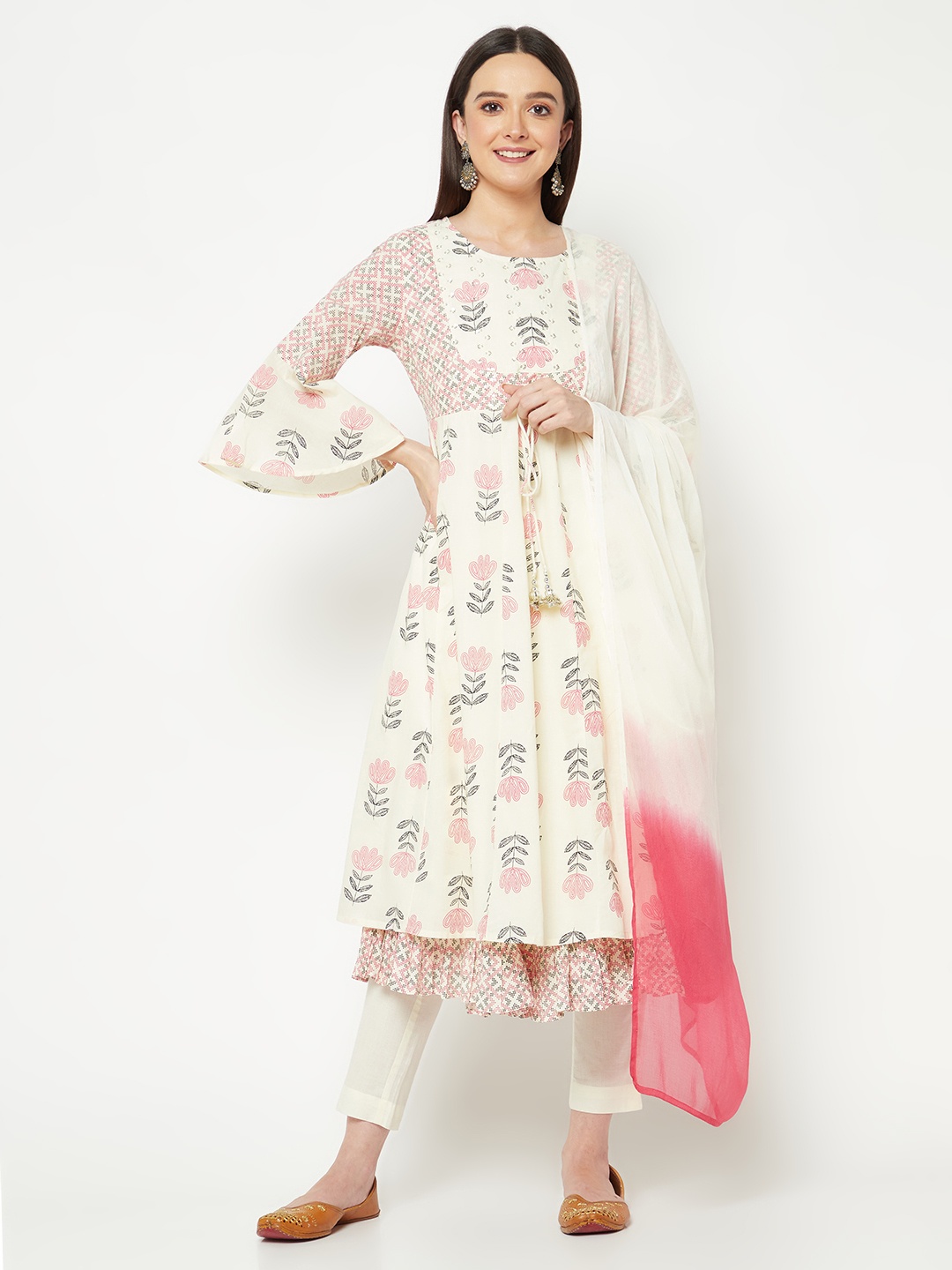 

IMARA Floral Printed Sequinned Anarkali Pure Cotton Kurta with Trousers & With Dupatta, Off white